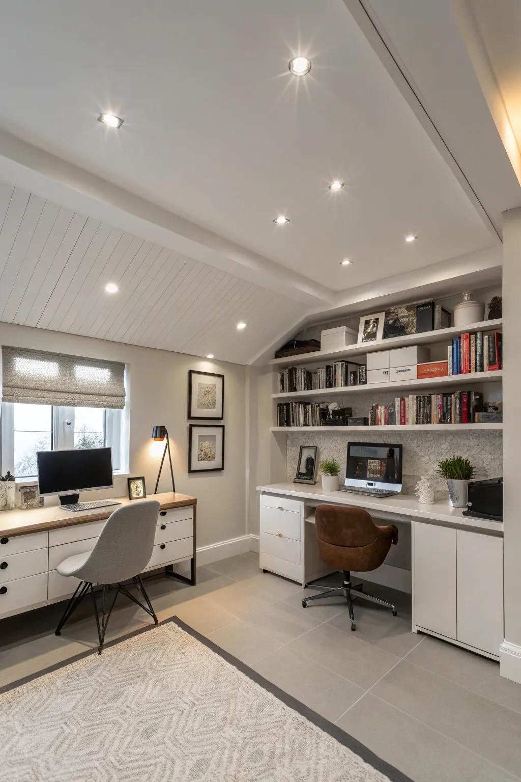 A modern home office featuring a white ceiling with recessed lighting for a clean look.