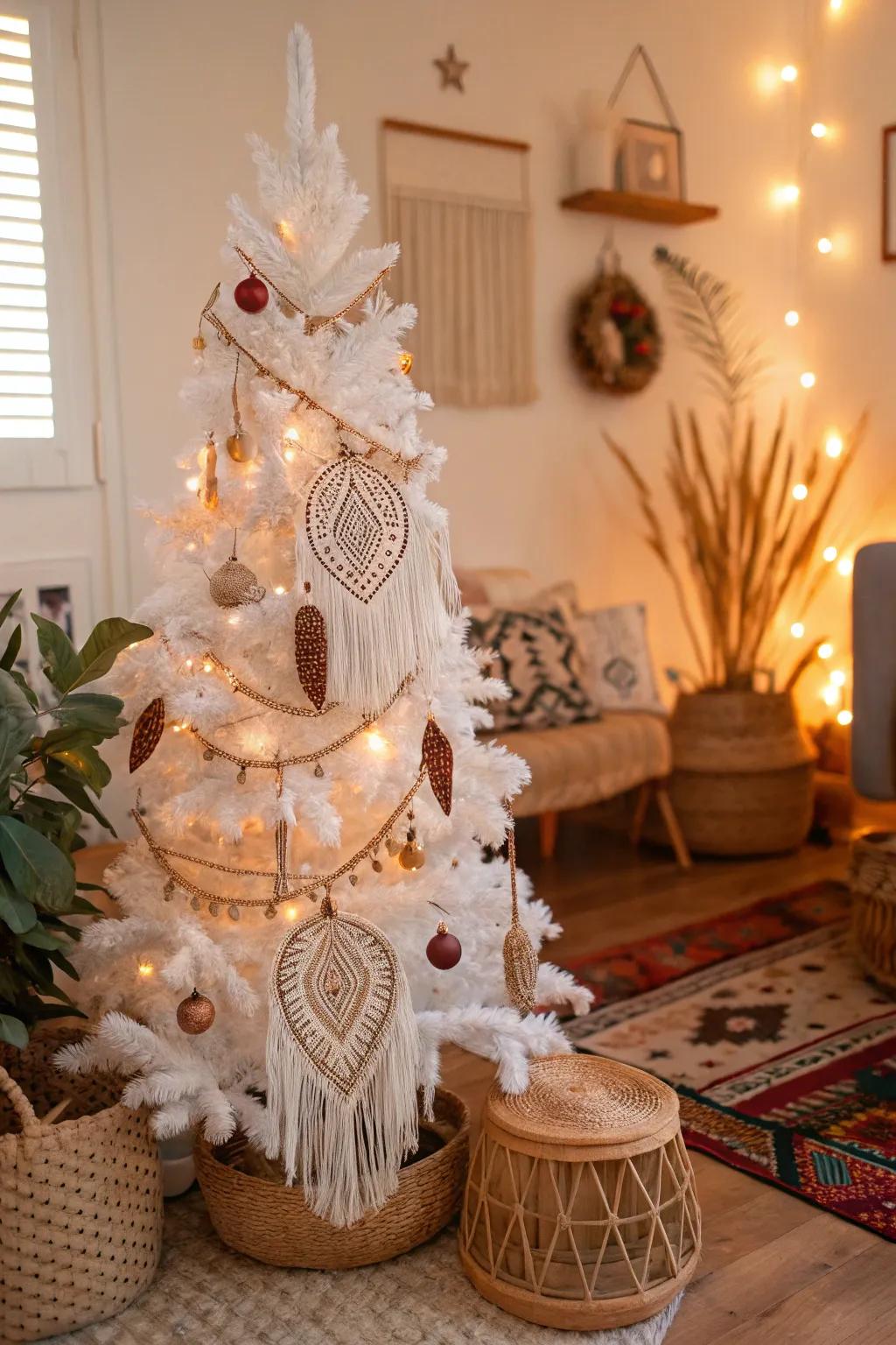 Chic bohemian tree showcasing woven string art and plume features.
