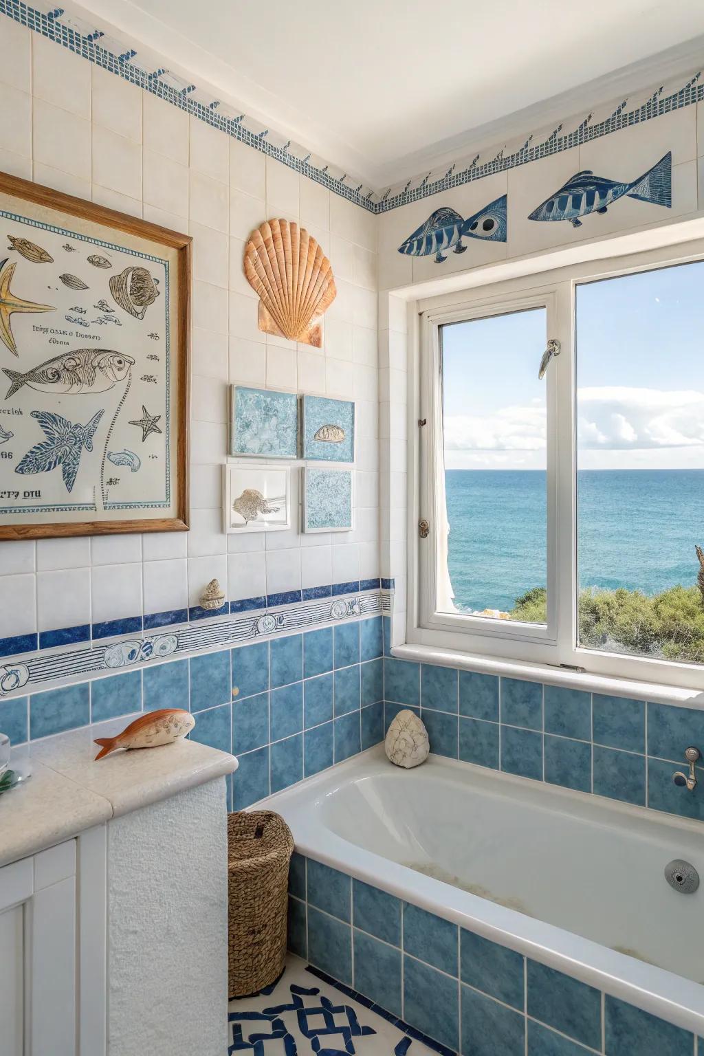 Coastal art reinforces the motif.