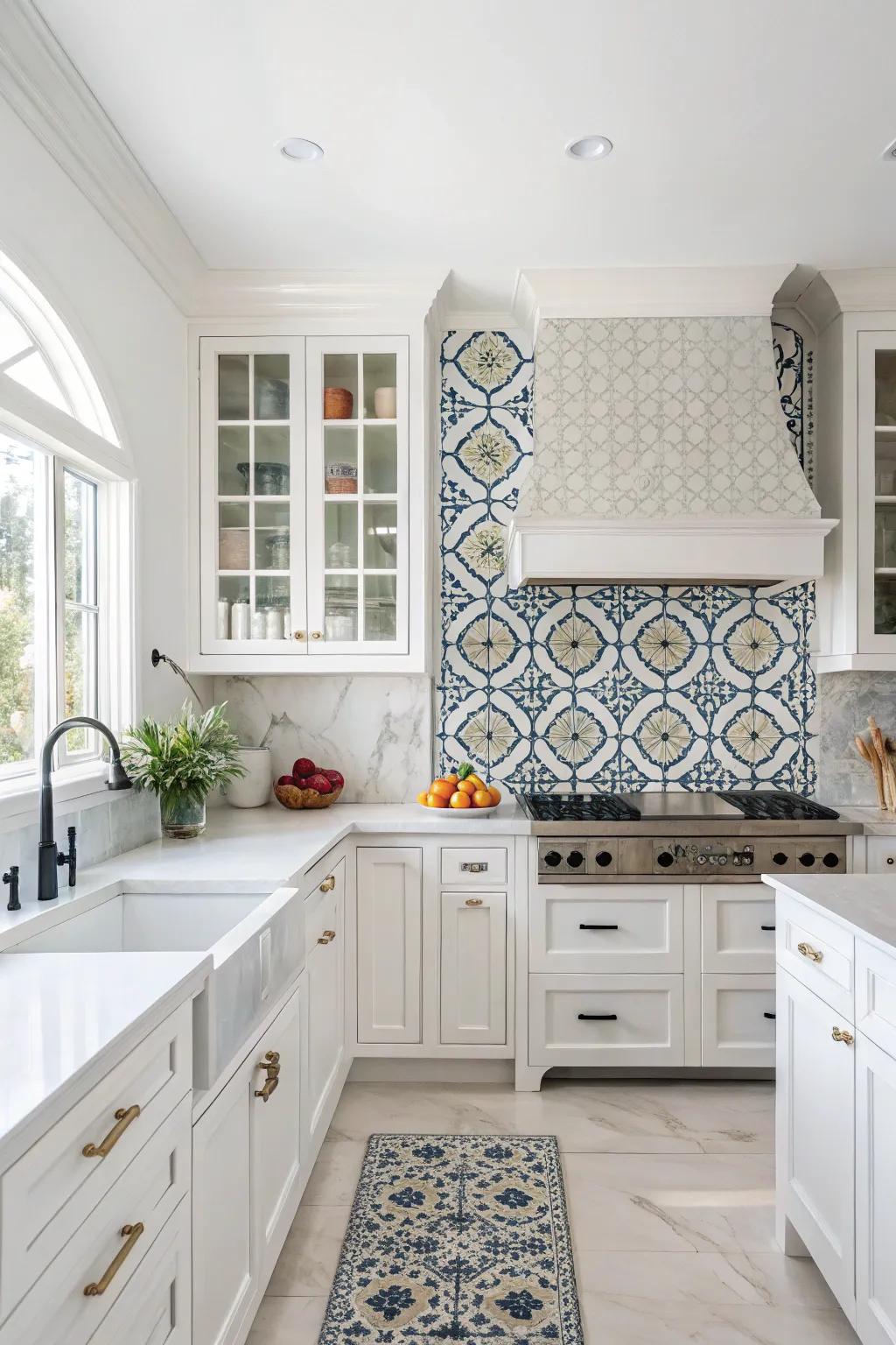 A bold tile wall becomes a striking focal point in the white kitchen.