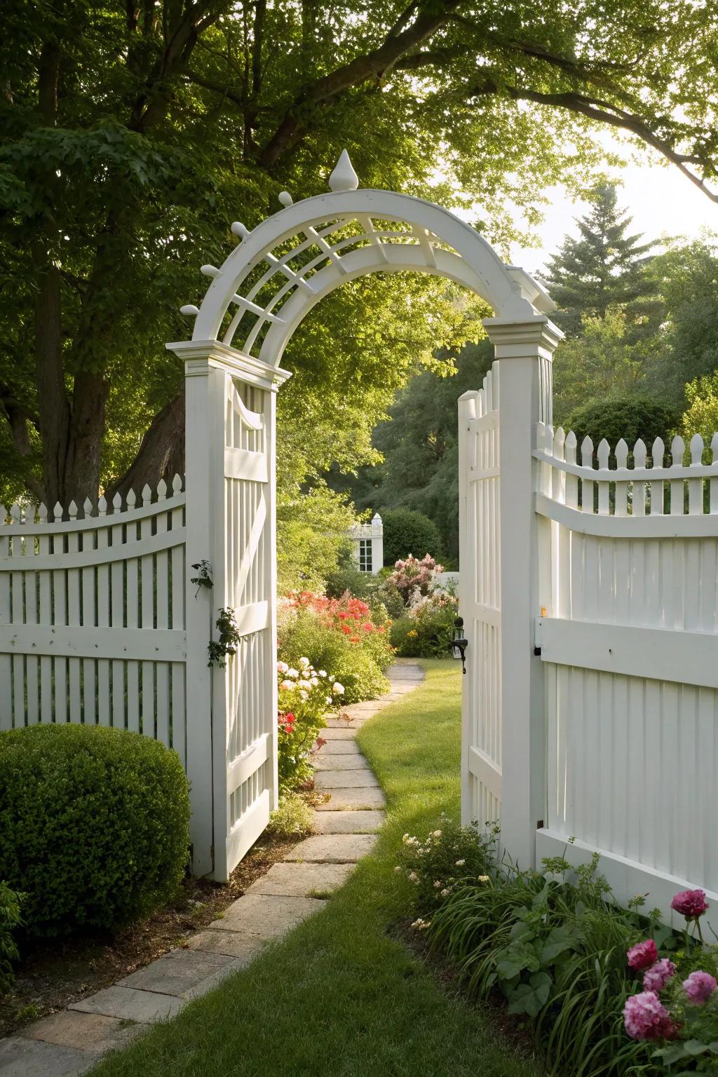 A gate archway transforms a white fence into a welcoming garden entrance.