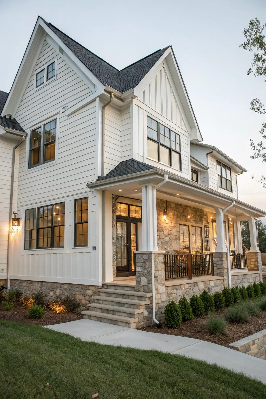 A house combining white panelling with brick and stone for a textured appearance.