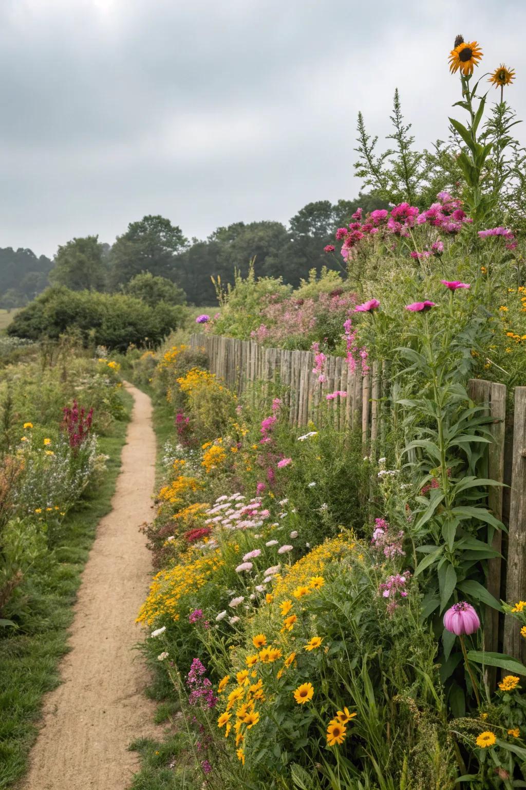 A natural seclusion screen formed by tall, abundant wildflowers.