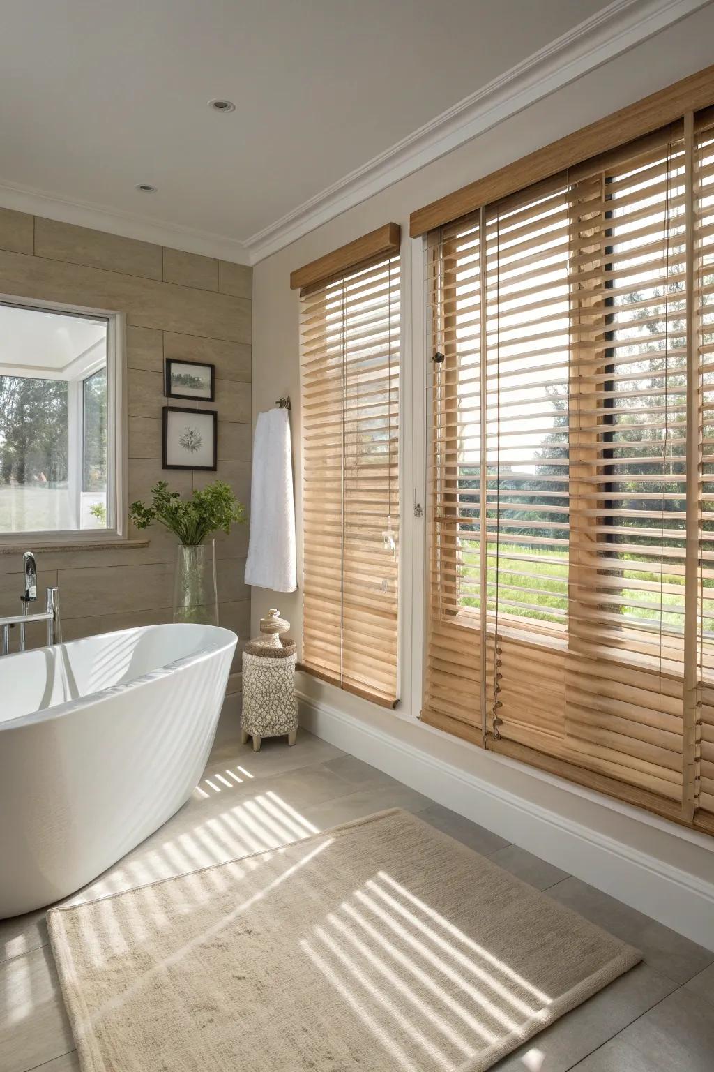 Imitation timber coverings rendering privacy and style in a washroom.