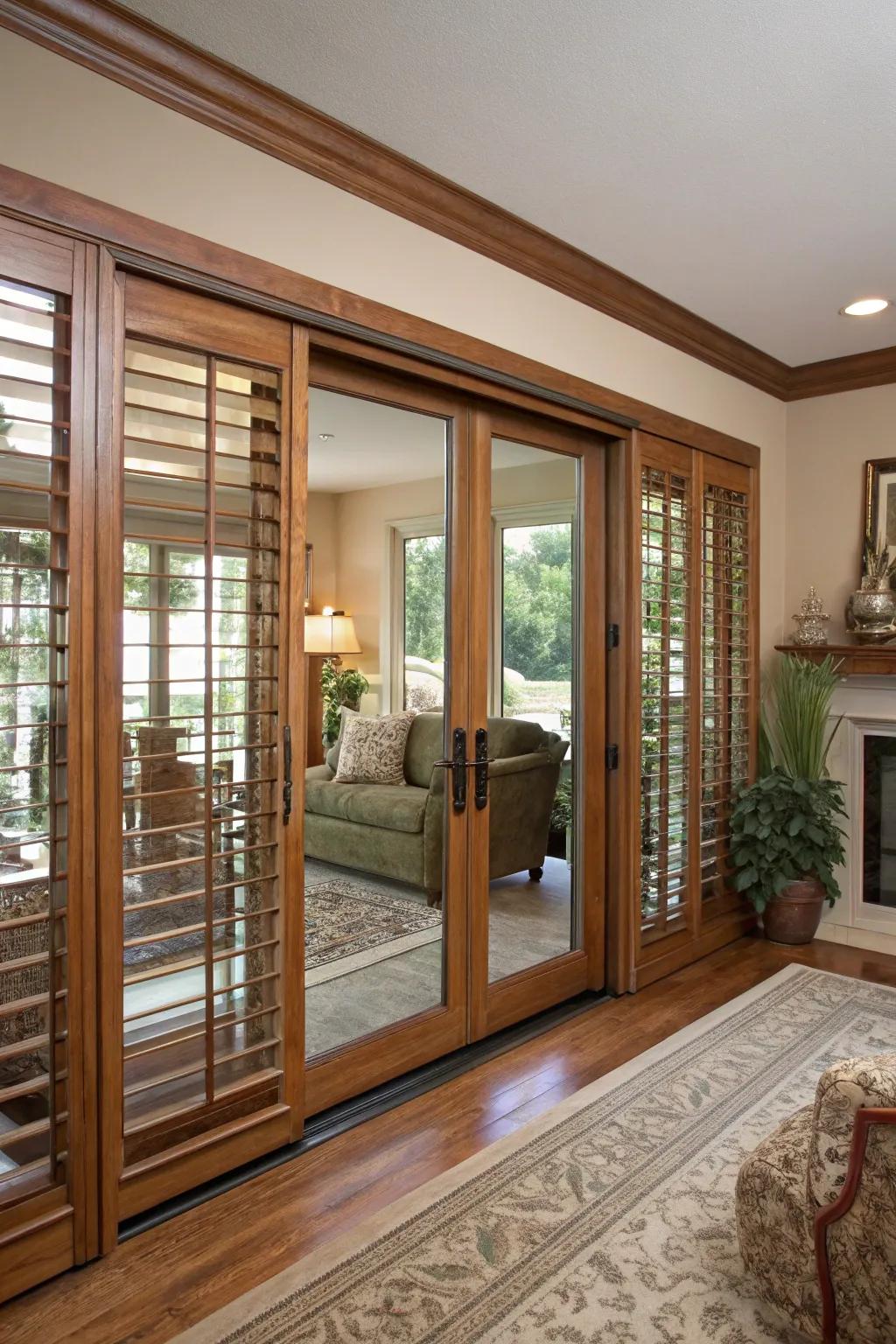 Sliding shutters offer timeless charm and functionality.