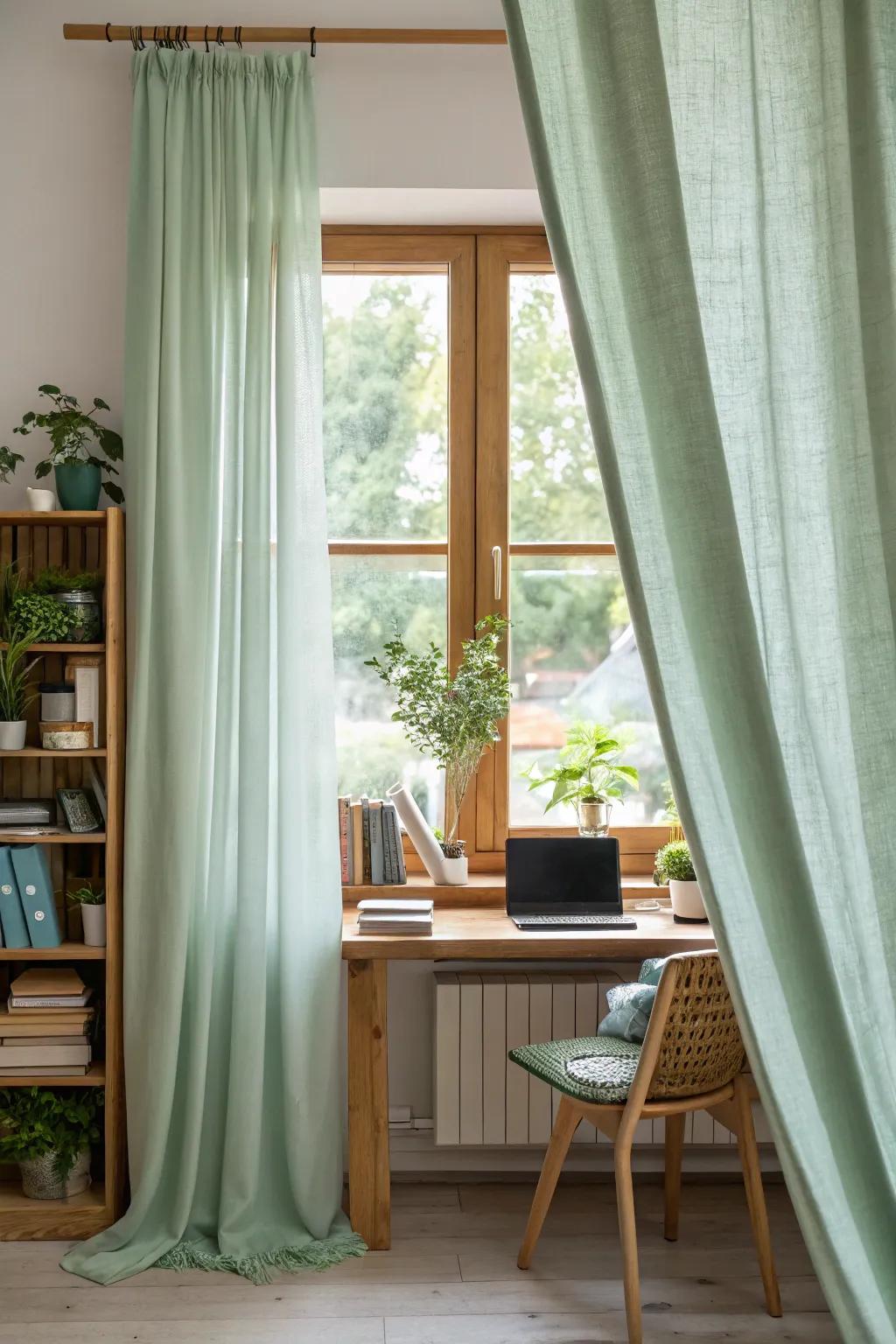 Eco-friendly curtains made from recycled materials in this home office.