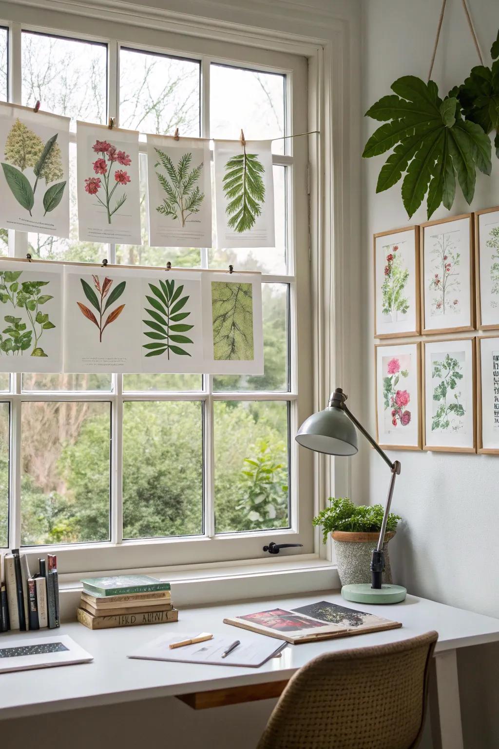 Botanical prints in window frames create a serene atmosphere.