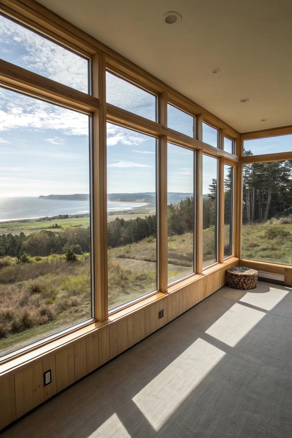 Wrap-around corner windows offer panoramic outdoor views.