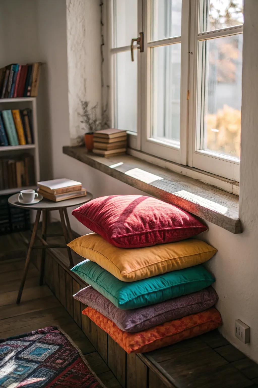 A window space with floor cushions that offer flexible seating.