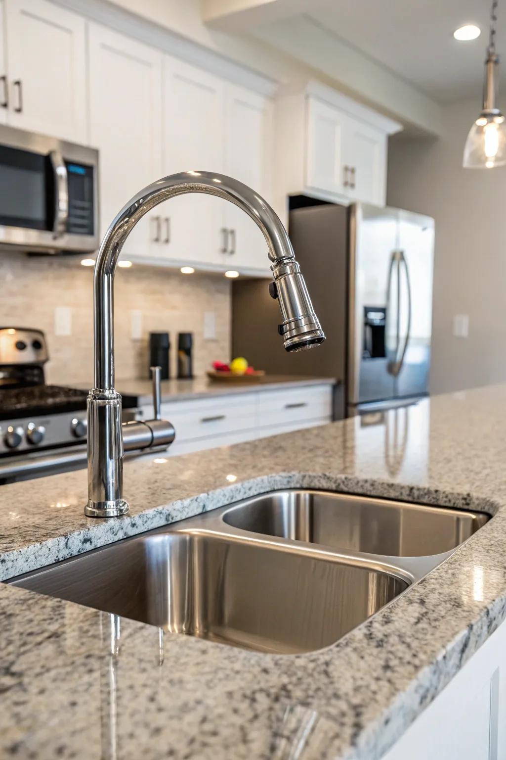 Wall-affixed taps showcase modernity and space efficiency.