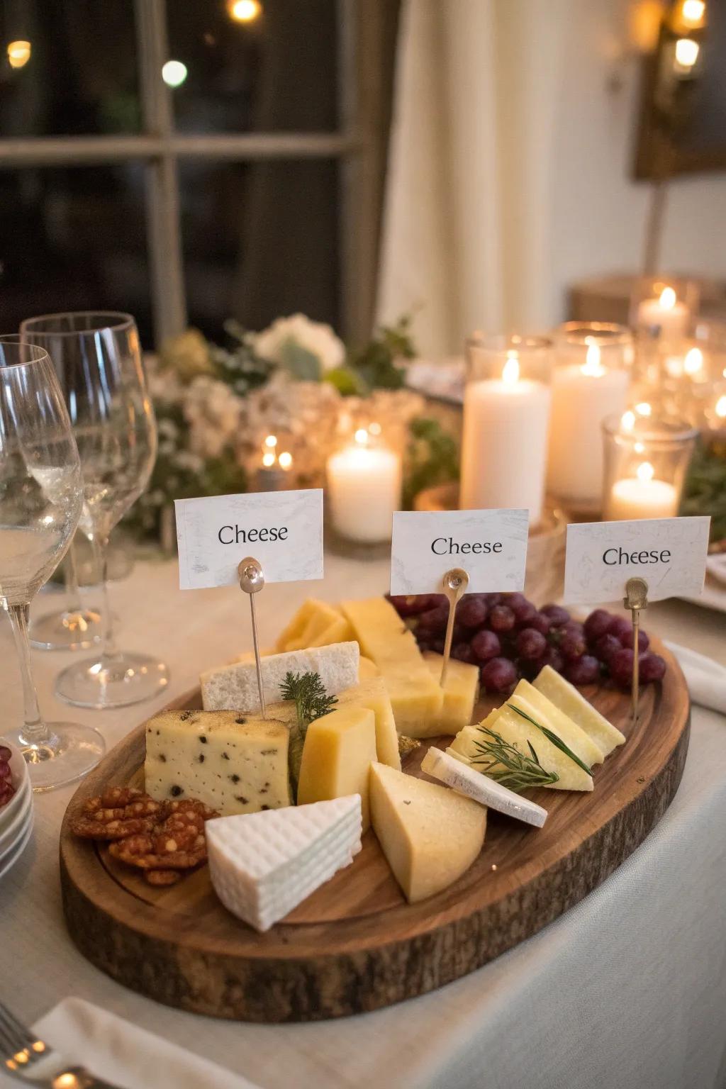 Personalized cheese signs bring a thoughtful detail to your platter.