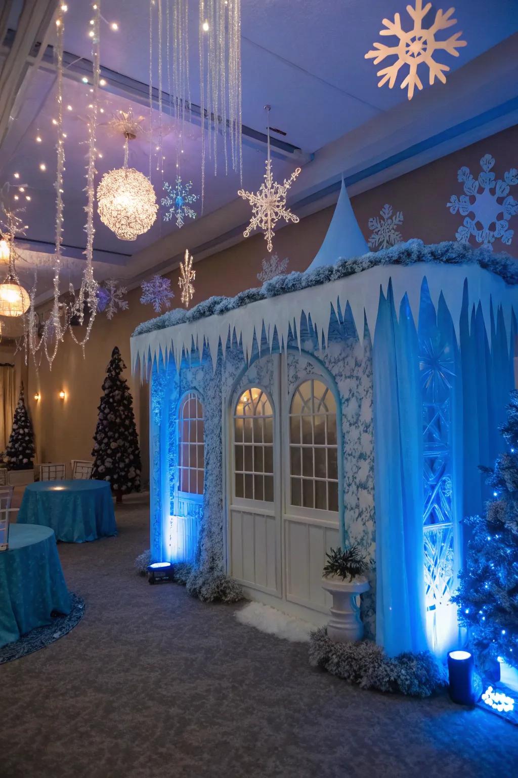 A whimsical magical frozen theme featuring icy blue decor and snowflake designs.