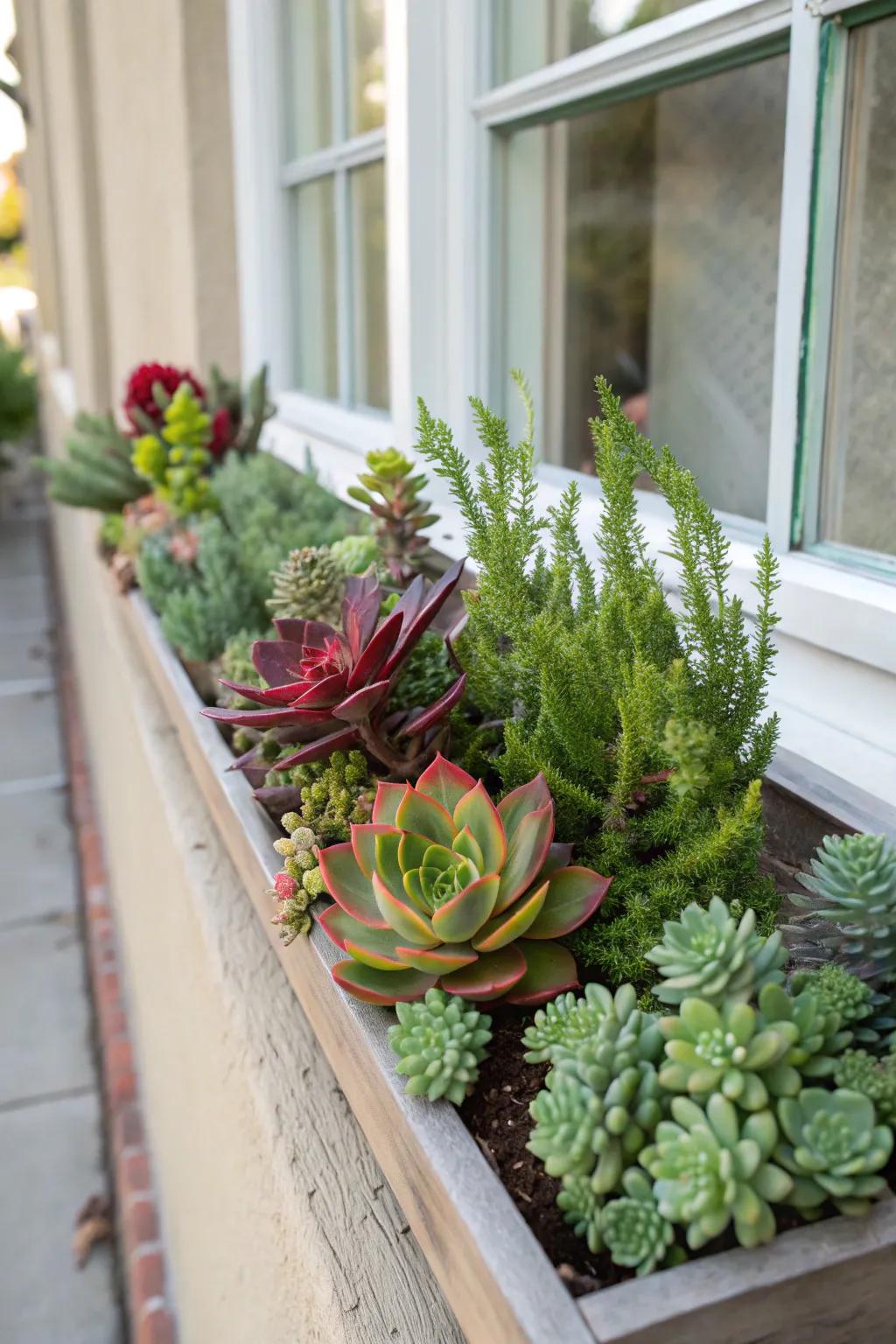 Hardy succulents introduce a sculptural element to this winter window box.