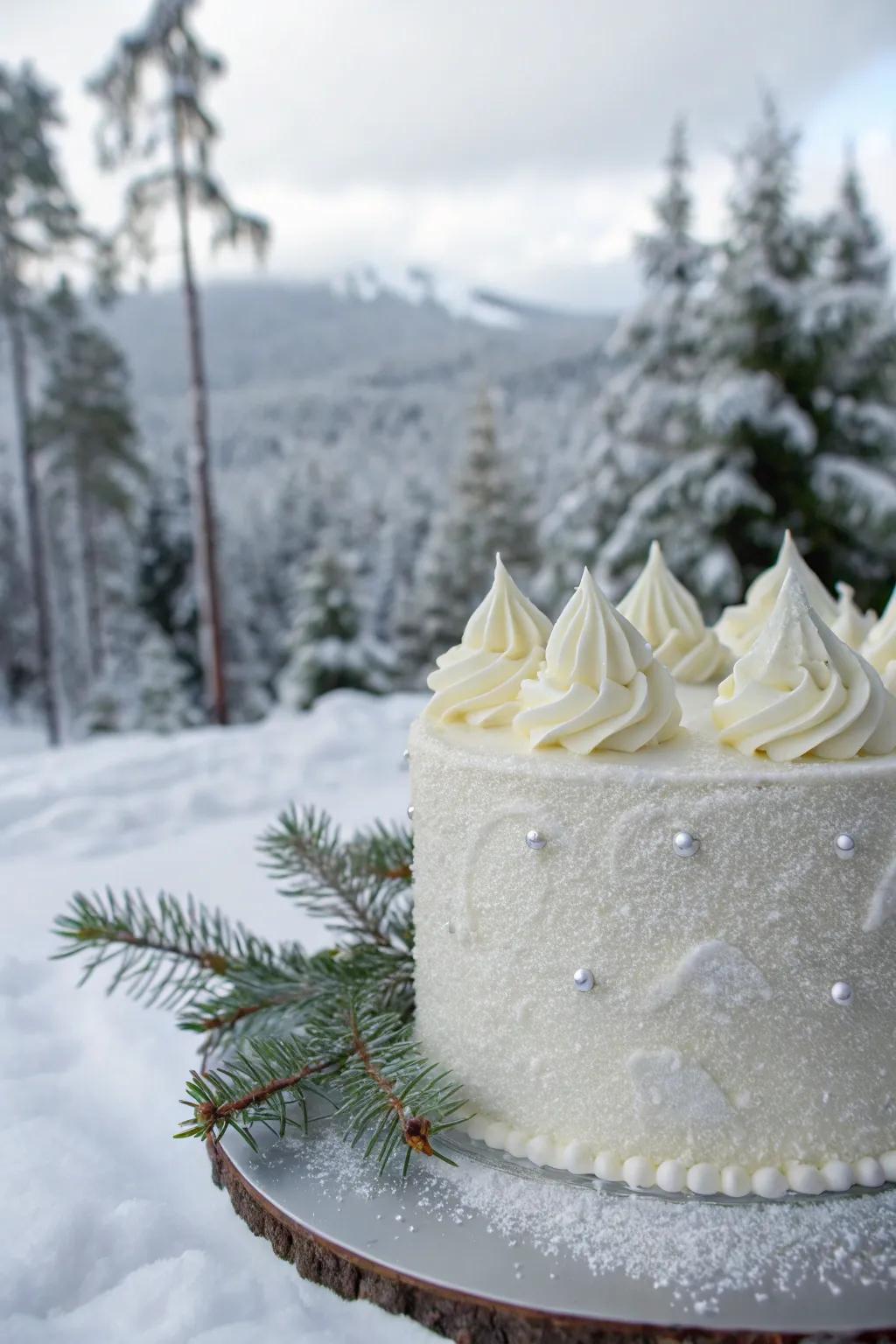 Majestic snowy peaks shimmer on this elegant cake.