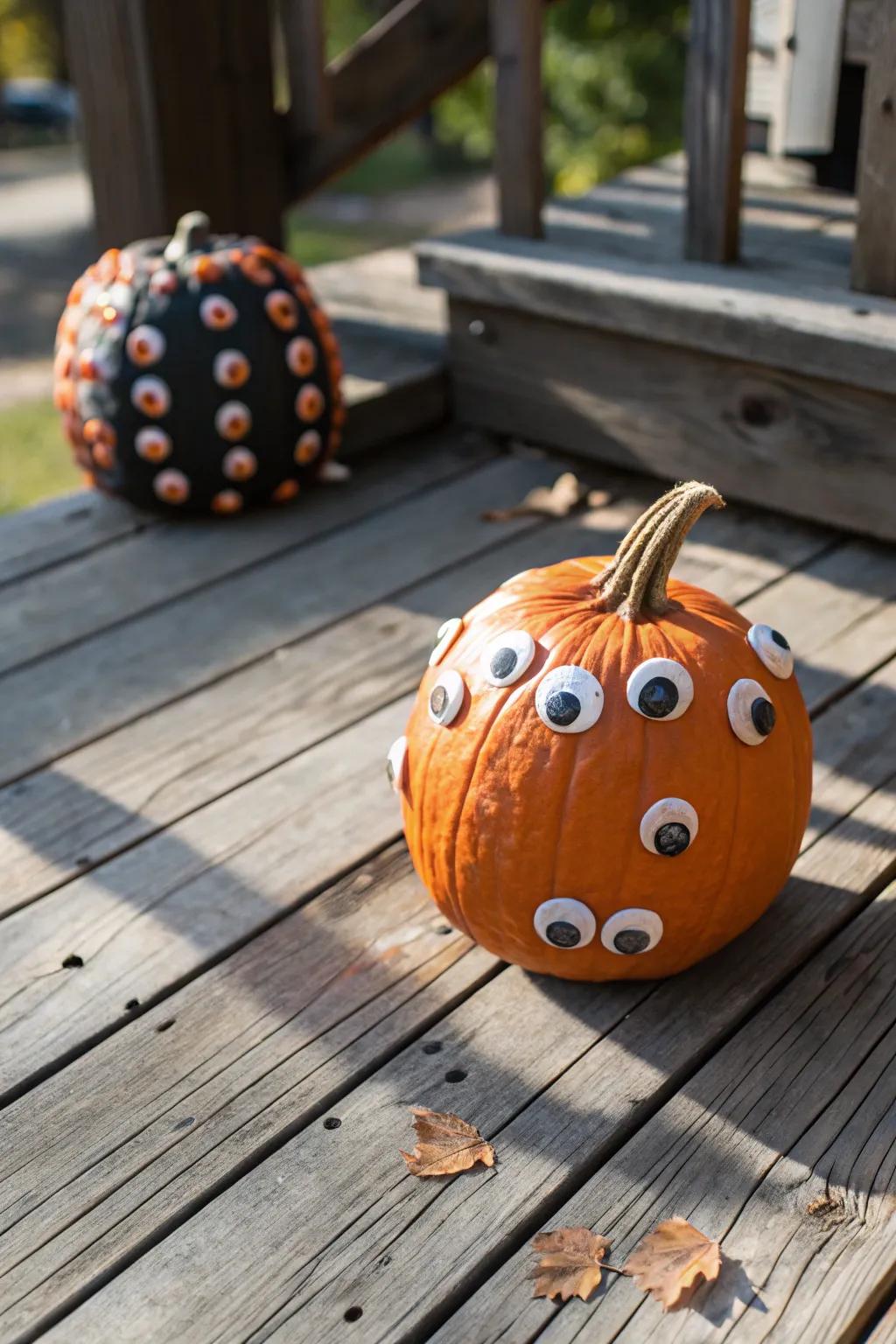 Pumpkin featuring eerie spherical gaze ornaments.