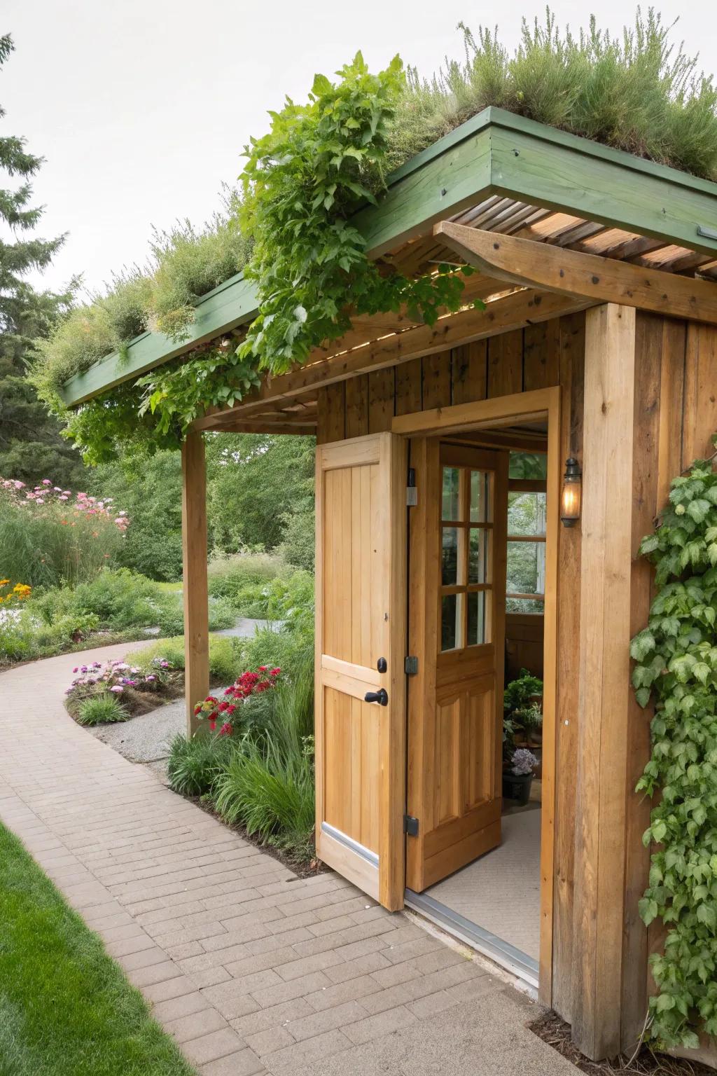 An eco-friendly shelter with a green roof.