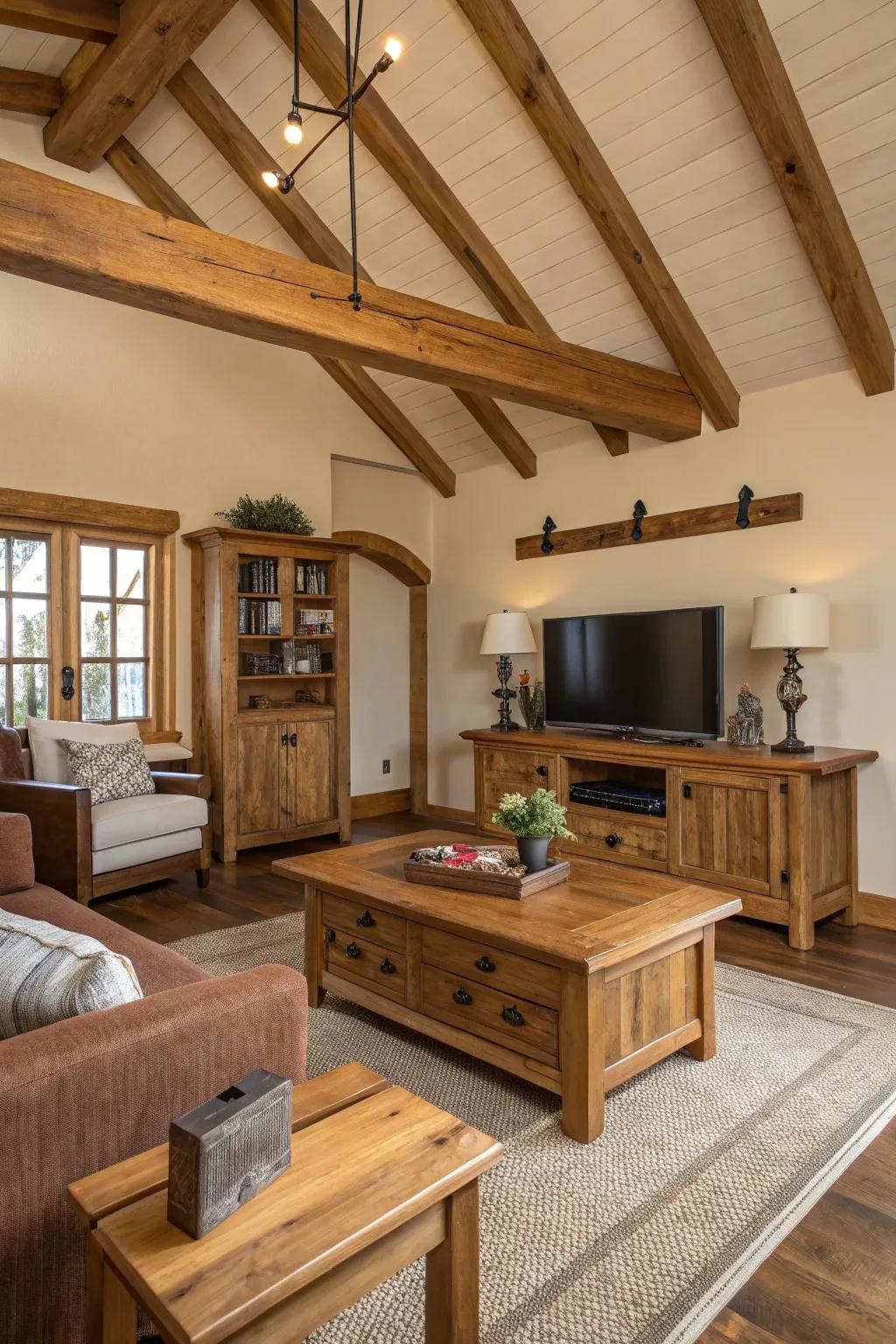 Lavishly textured family area featuring diverse wood colors.