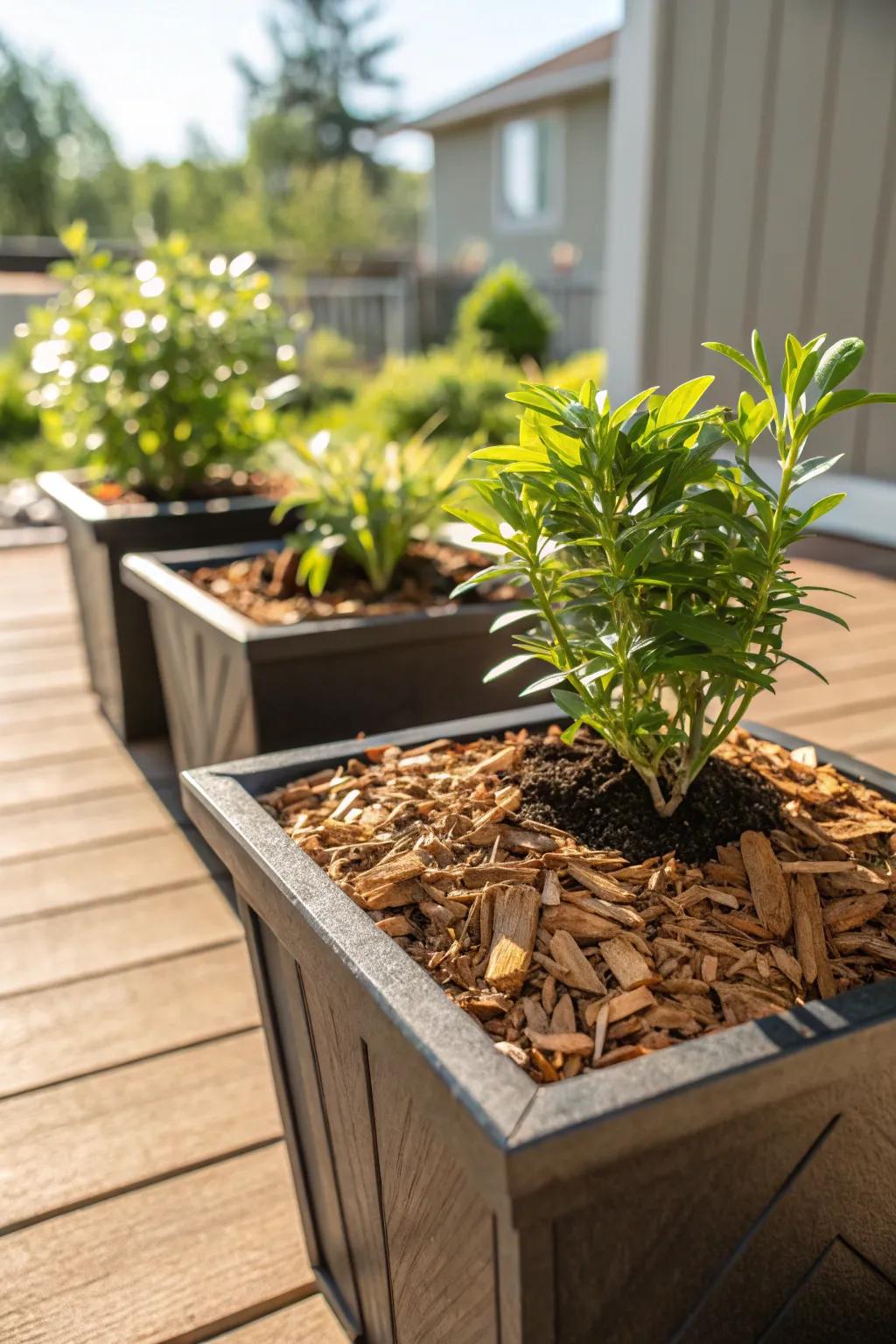 <strong>Wood chips</strong> help retain hydration in container gardens.” loading=”lazy” class=”pimg”>
	</picture><figcaption><strong>Wood chips</strong> help retain hydration in container gardens.</figcaption></figure>
<p>Top your potted plants with <strong>wood chips</strong> to hold in hydration and lessen the regularity of watering. My container gardens remain vibrant, even in hot weather.</p>
<h3>A few relevant products:</h3>
<ul class=