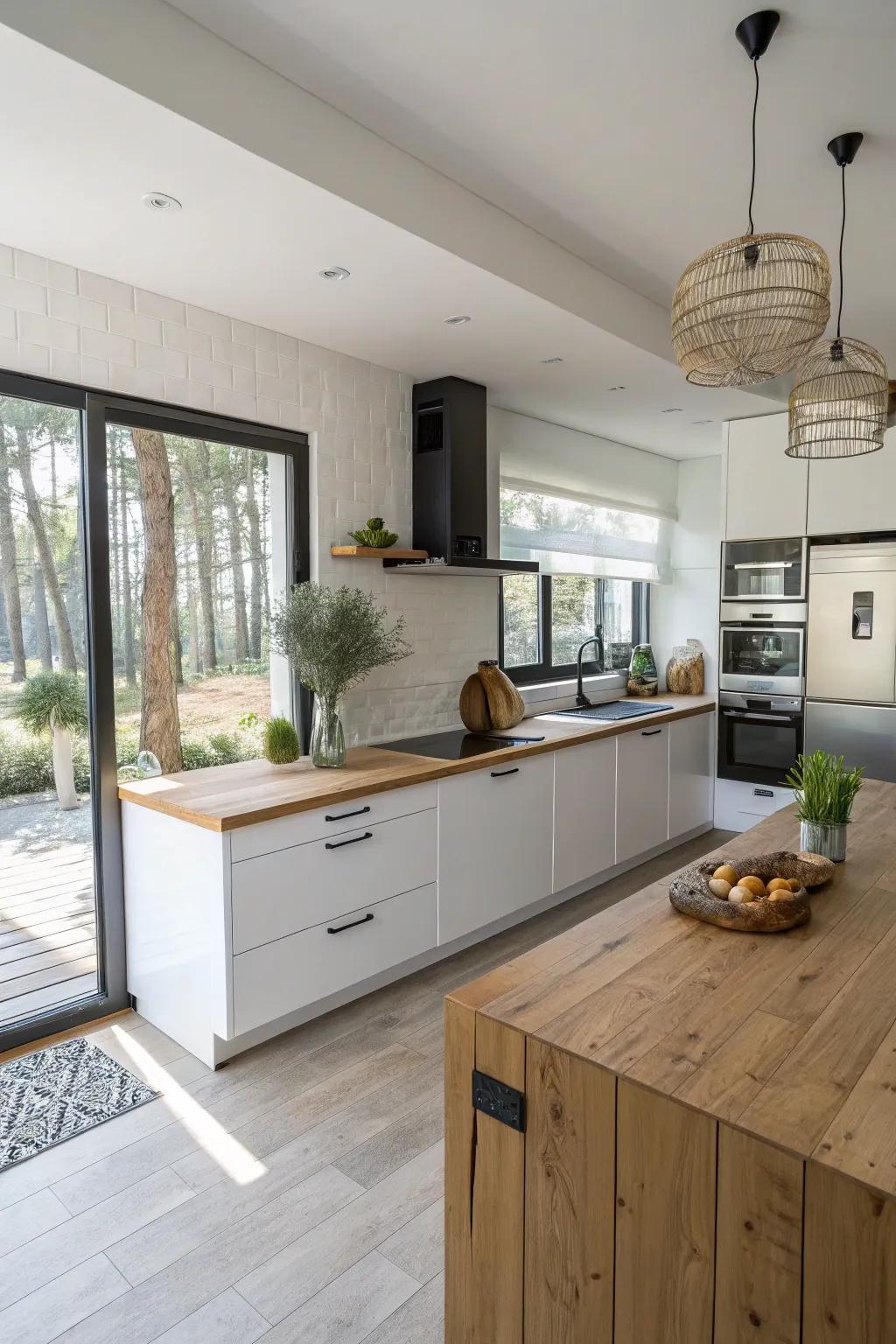 A floating timber countertop for a modern and airy cooking area.