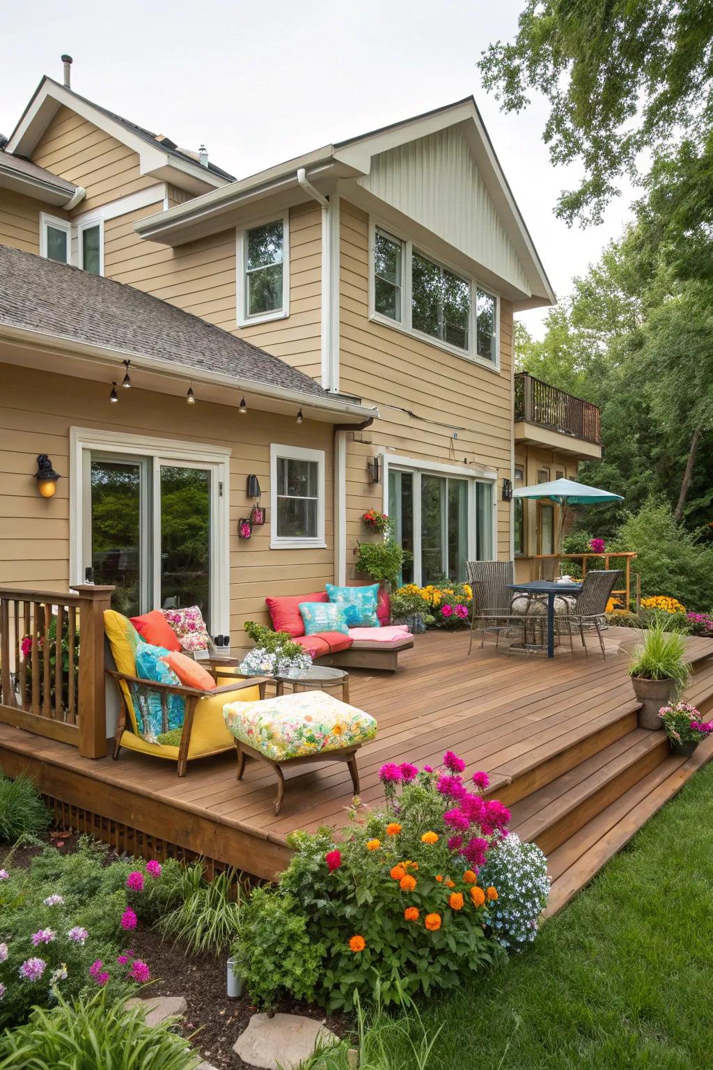 Gold decking adds vibrancy and warmth to a tan house, perfect for sunny gatherings.