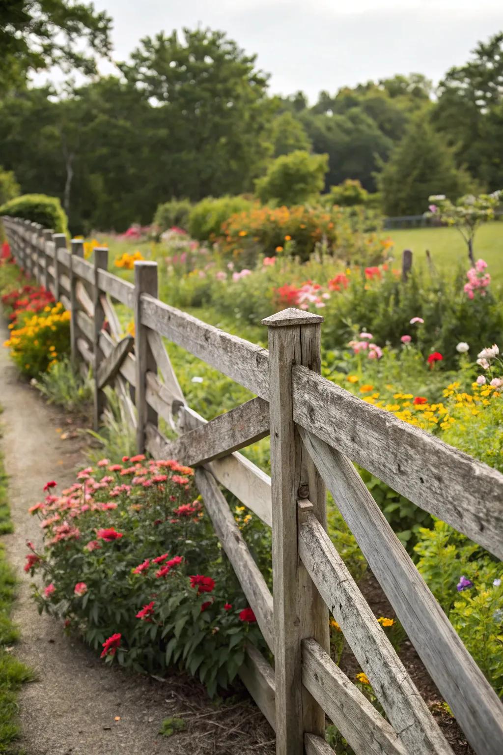 Diagonal slat fences add dynamic interest to traditional outdoor settings.