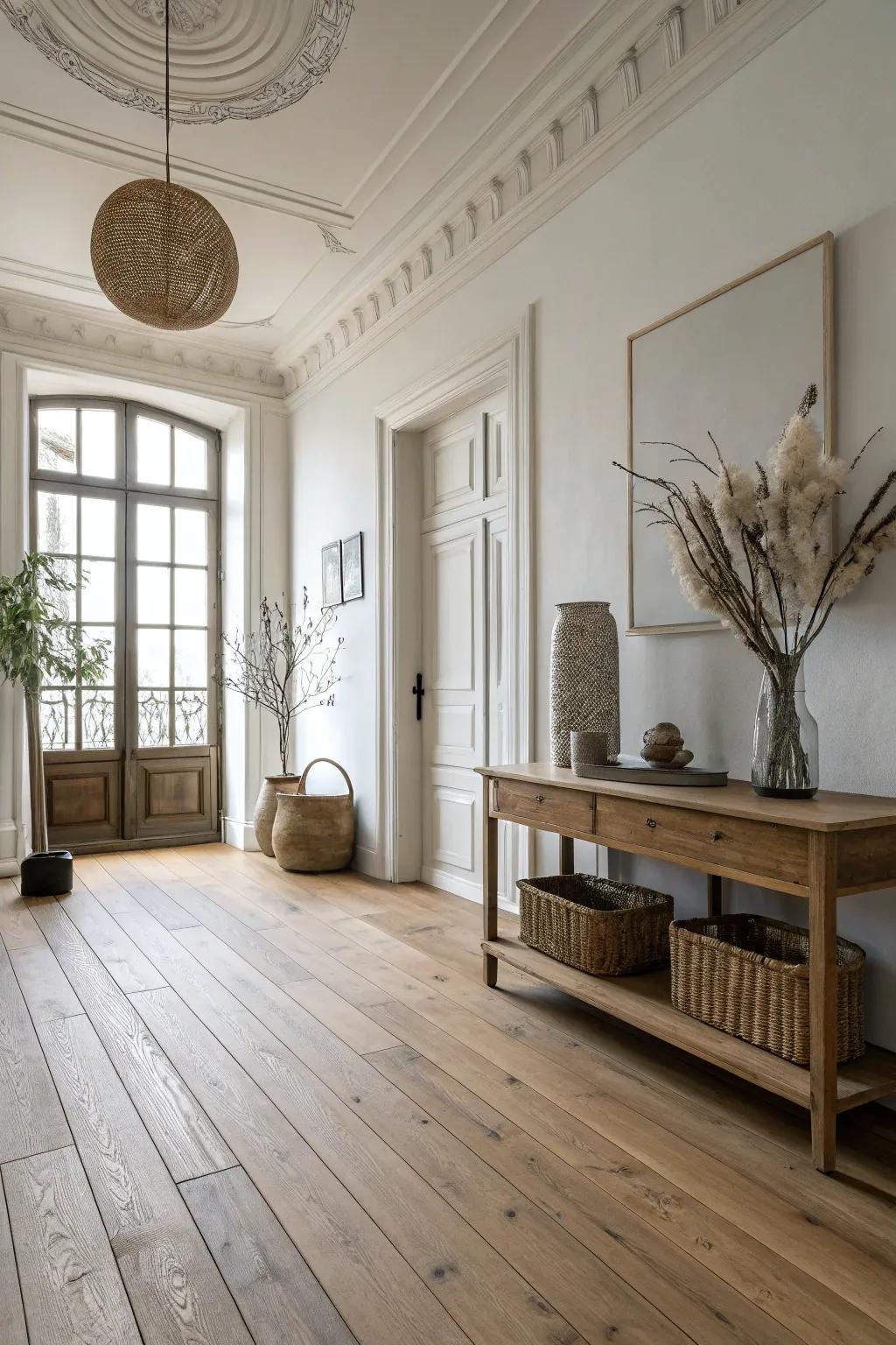 Minimalist interior with natural wood flooring.