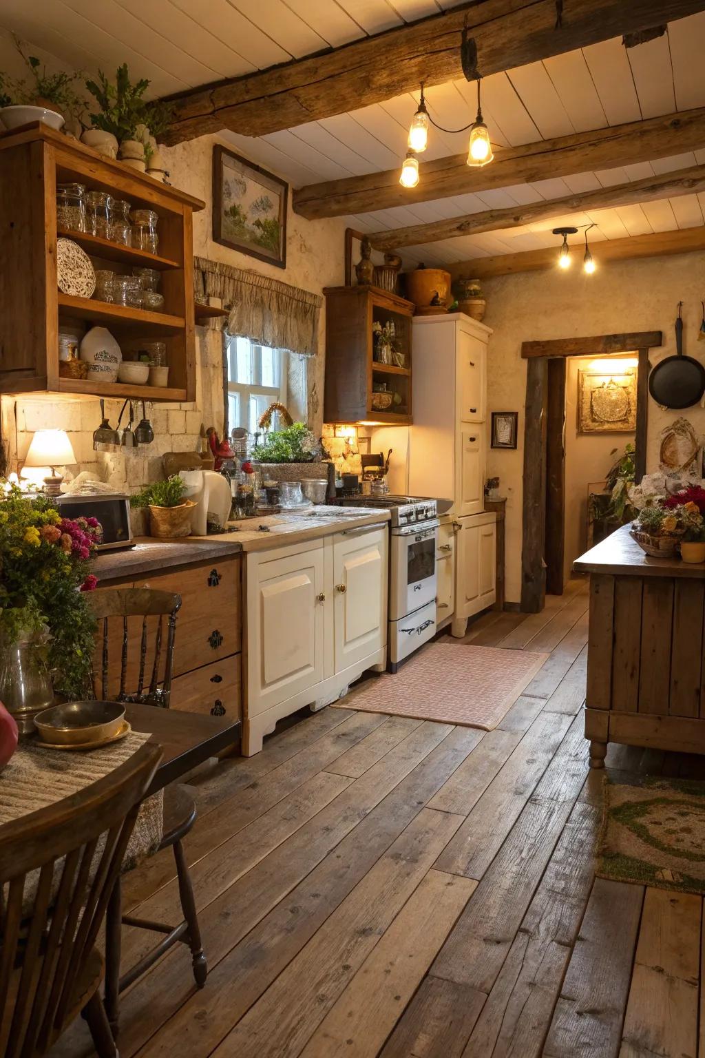 A rustic kitchen featuring random width wood planks for a natural appeal.