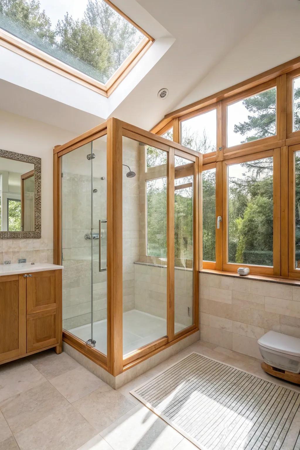 Wooden frames with clear glass allow natural light to fill the bathroom.