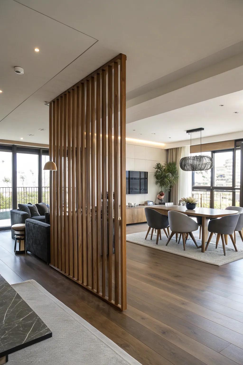 Define your space with a chic timber slat space splitter.