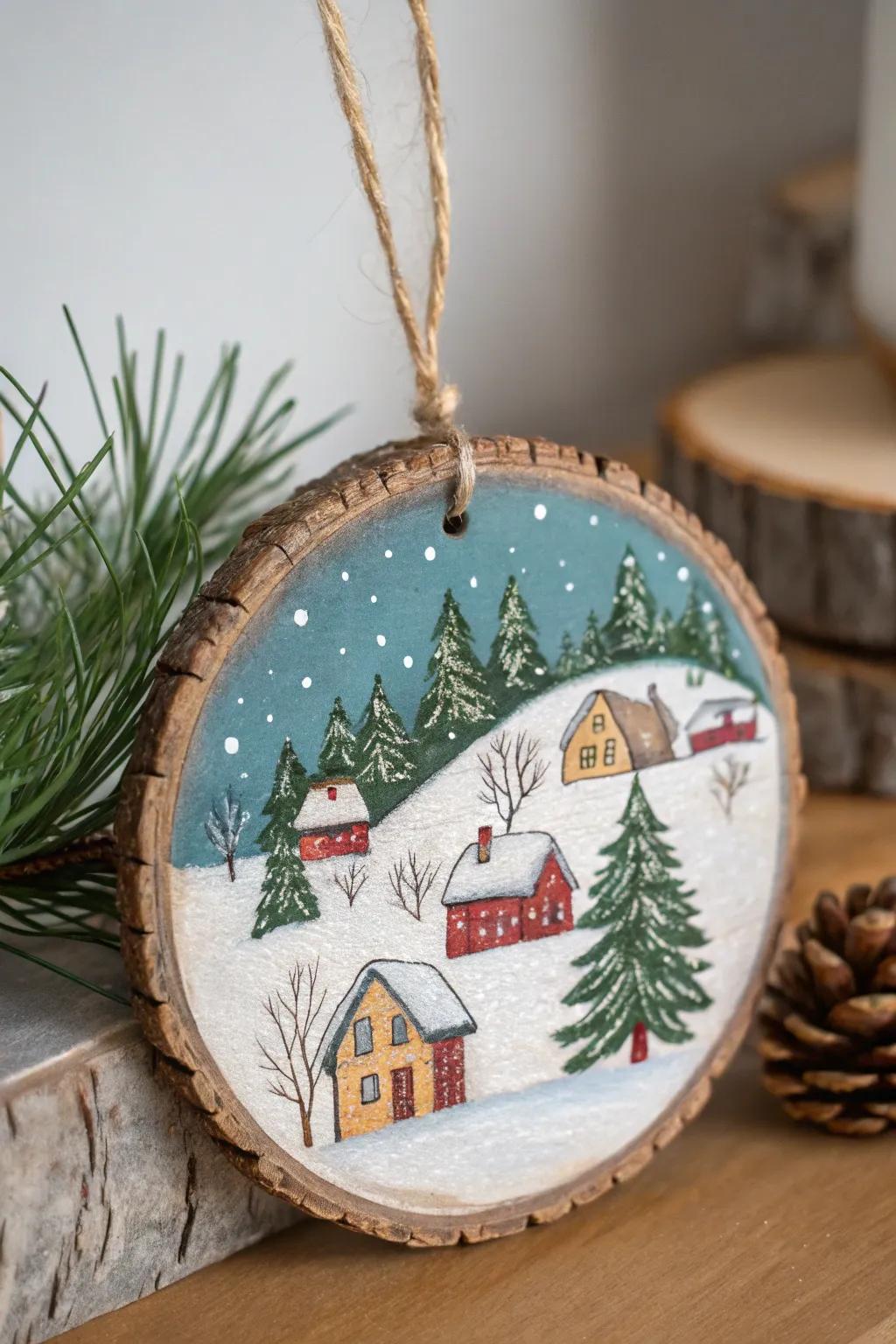 A snow-covered village scene painted on a wooden decoration.