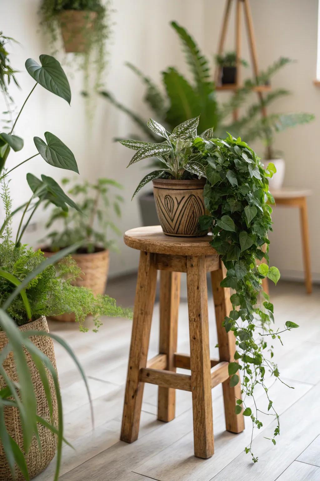 A hardwood stool serves as a fashionable plant stand, enhancing greenery.