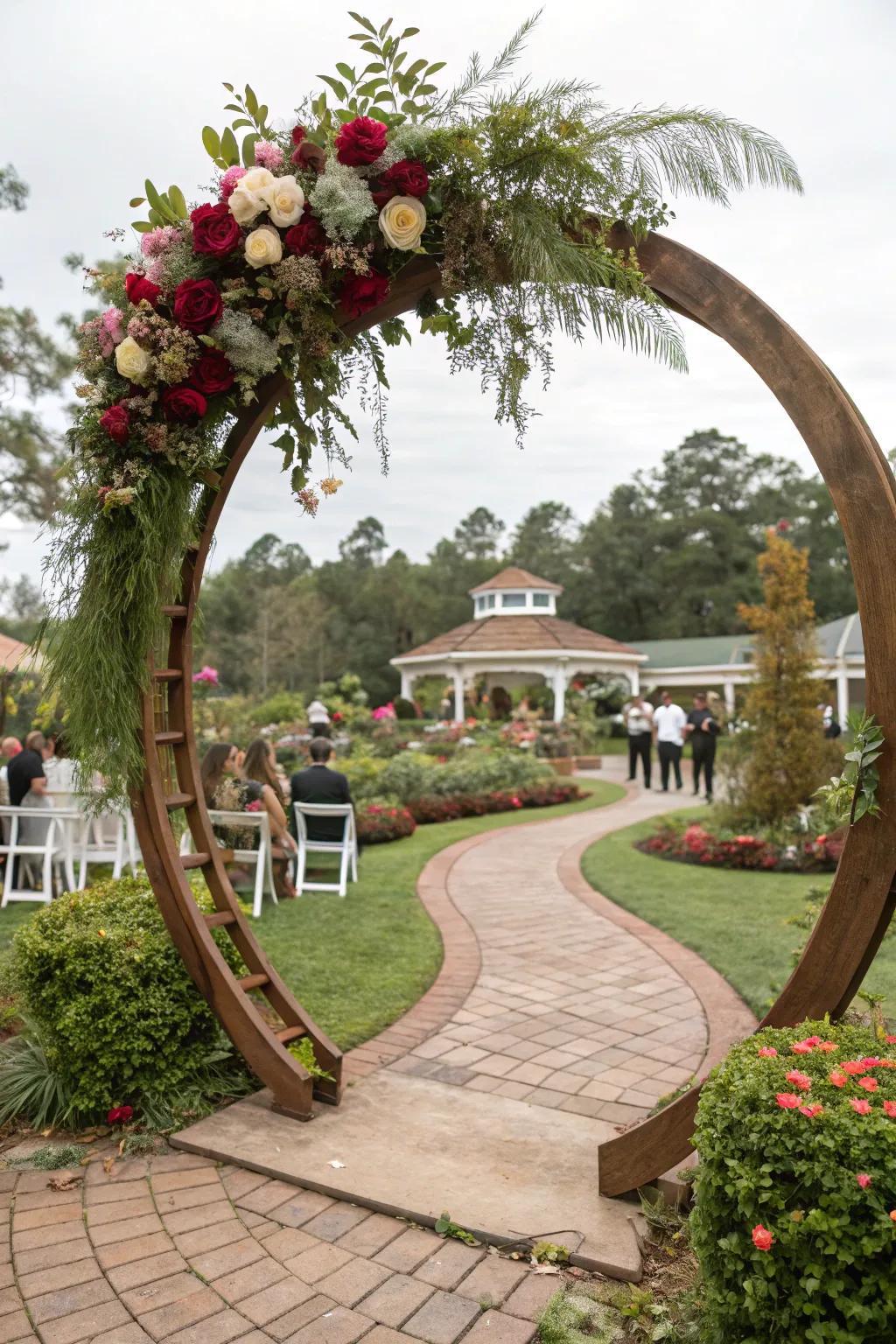 An encircling timber arbor delivers a modern interpretation of classic wedding arches.