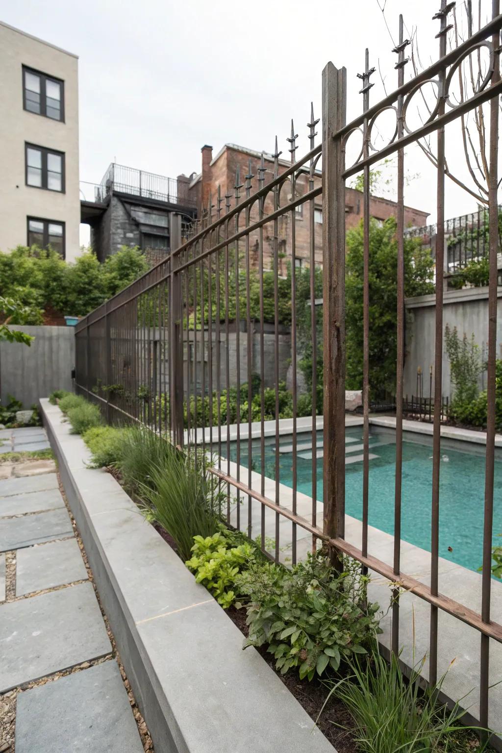 An industrial-style wrought iron fence adds a modern edge to the pool.