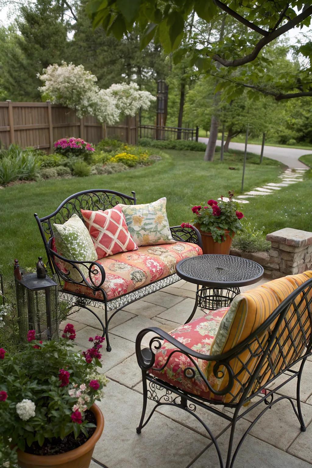 Eclectic pillow styles add a chic touch to wrought iron furniture.