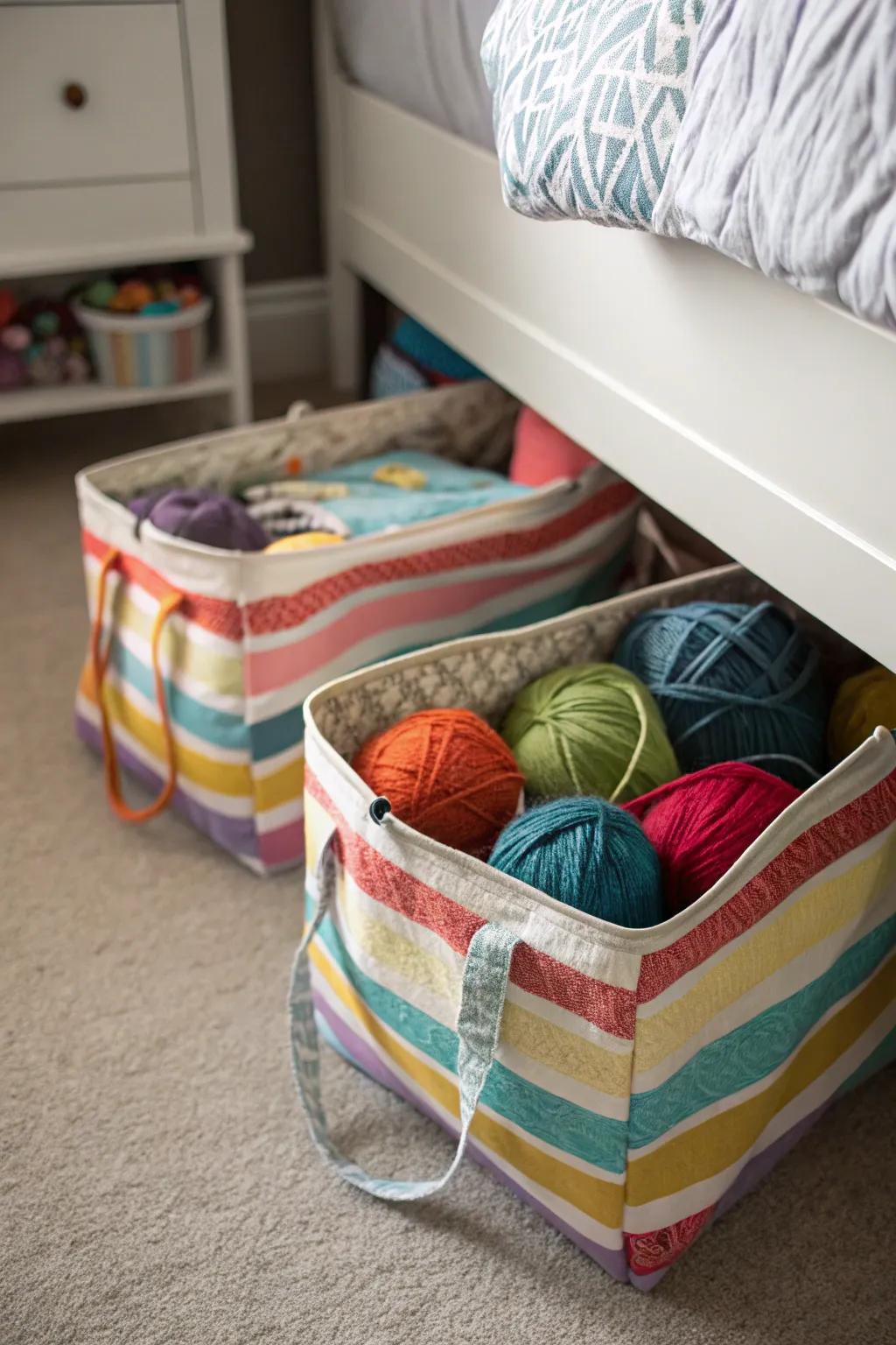 Storage bags under the bed keep yarn hidden yet accessible.