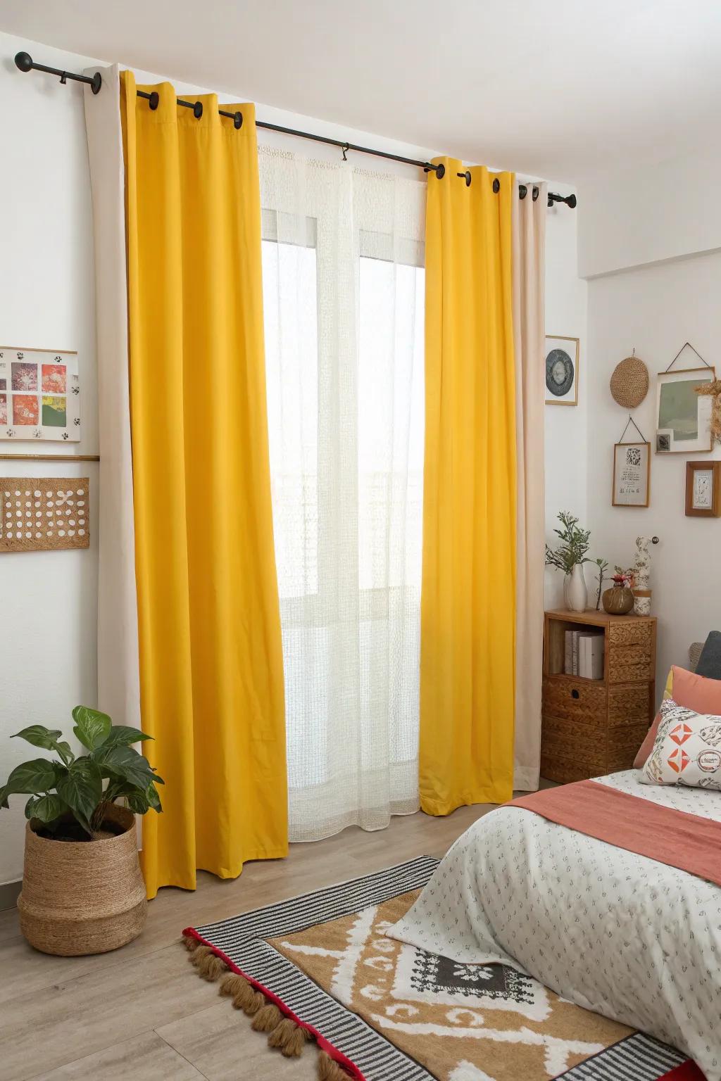 Color-blocked yellow window coverings introduce a playful and artistic touch to the bedroom.