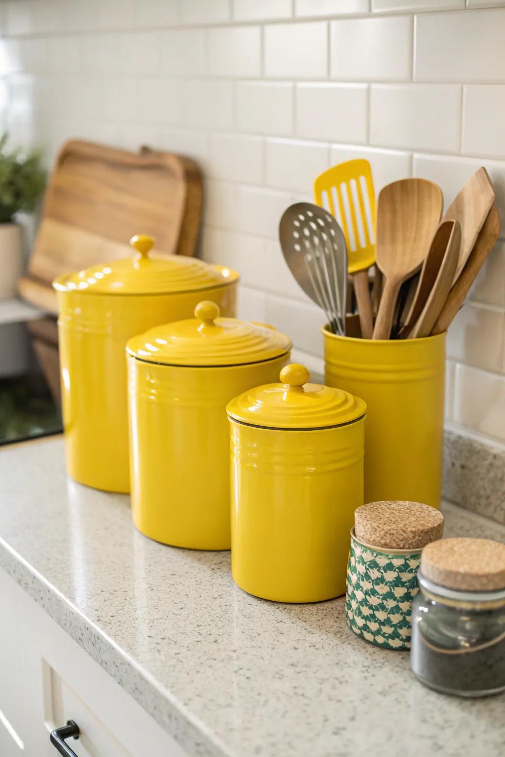 Yellow countertop accents establish a unified sunny theme.