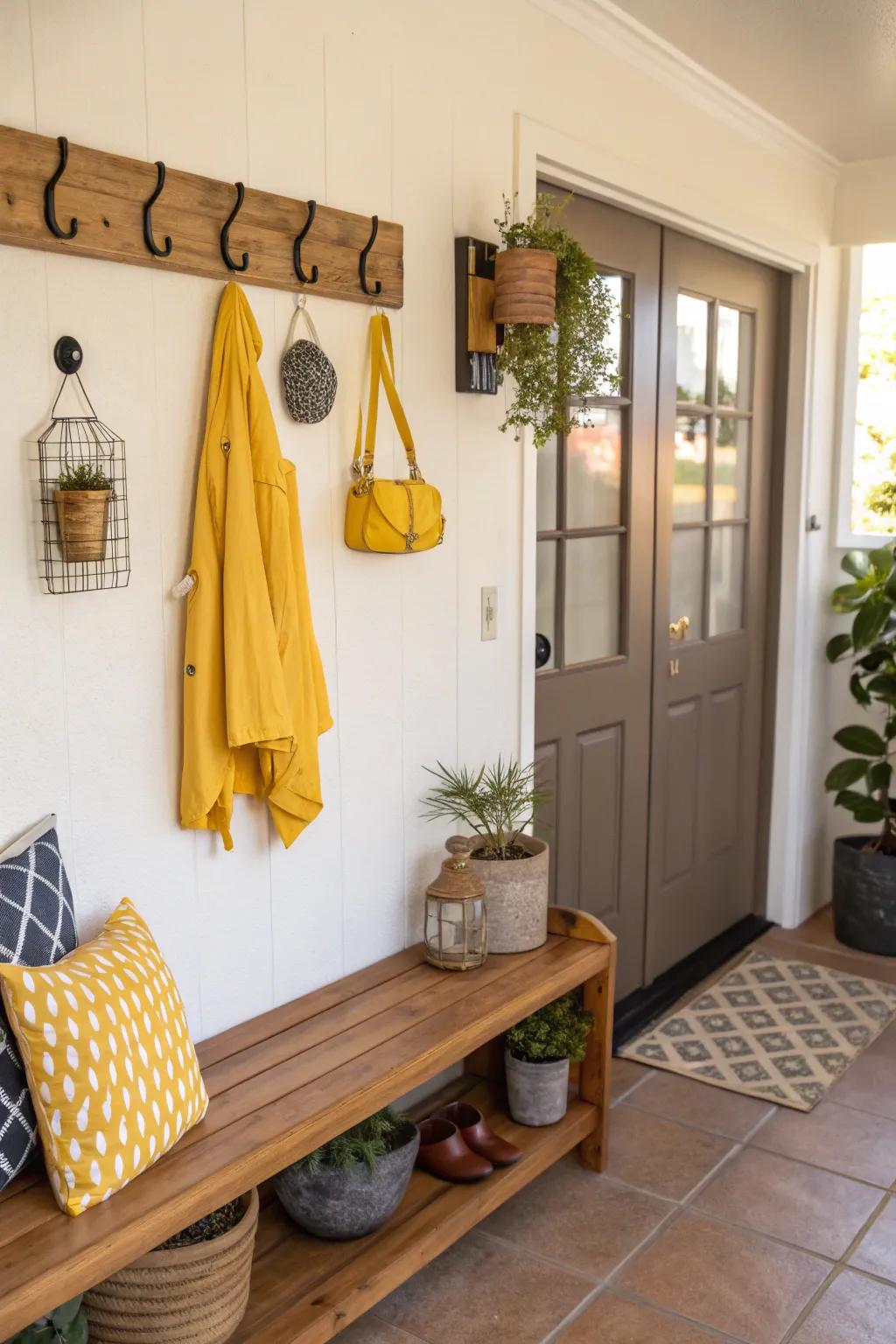 A welcoming entryway with yellow decor.