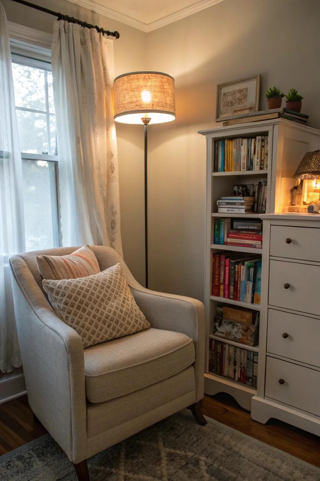 A reading nook offers a cozy escape for book lovers.