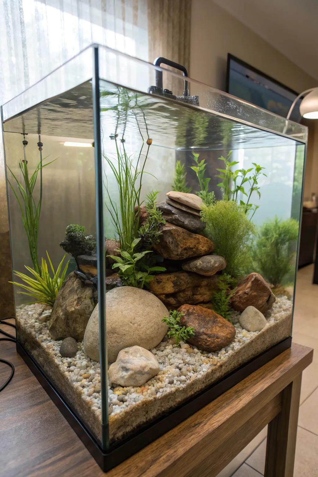 The tranquility of the tank is emphasized by the spotless water.