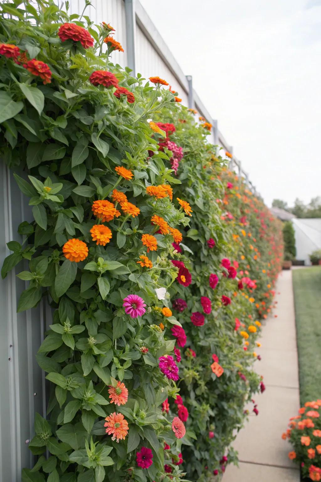 A stunning upright garden with vibrant trailing zinnias.
