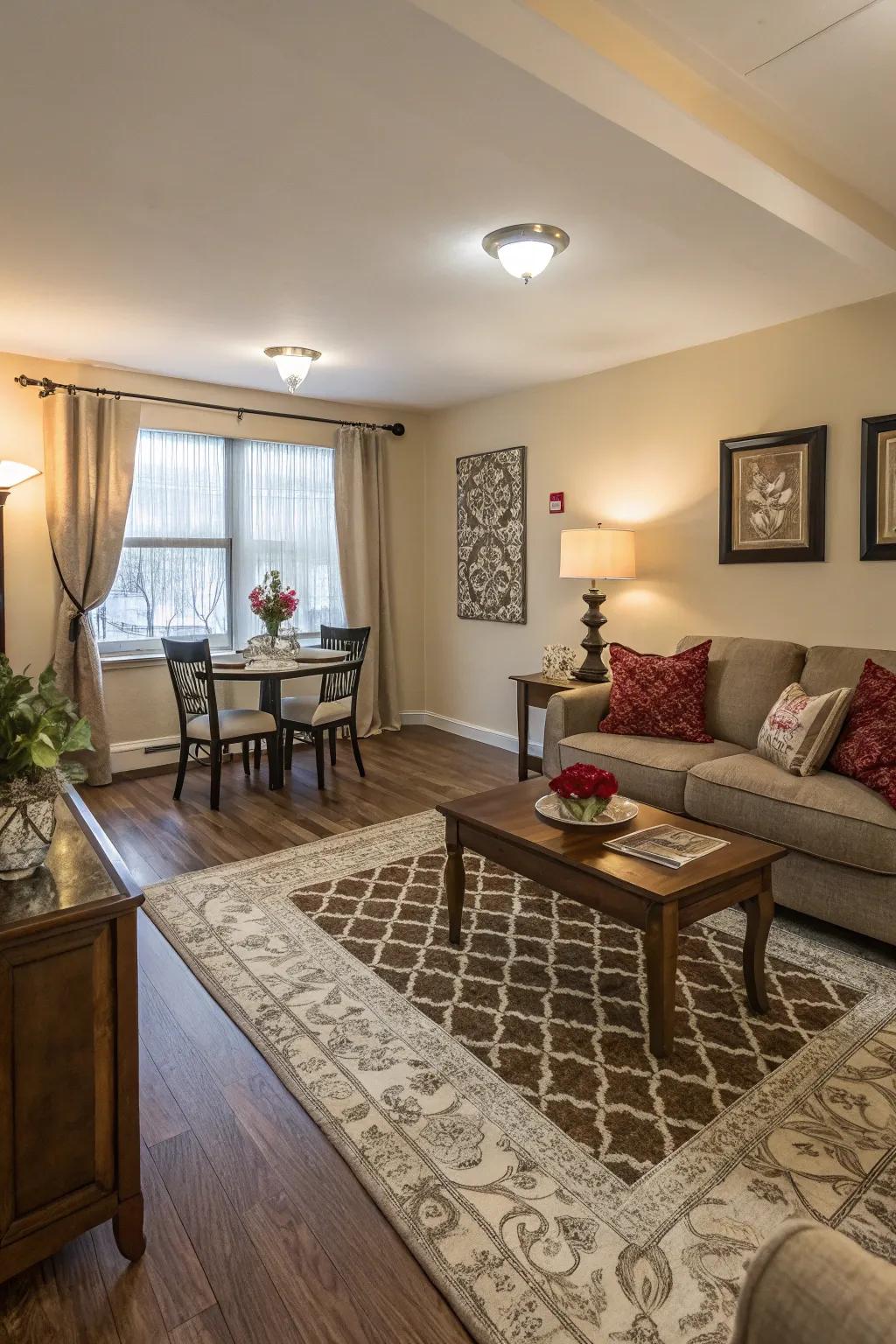 Rugs delineate distinct zones within a unified space.
