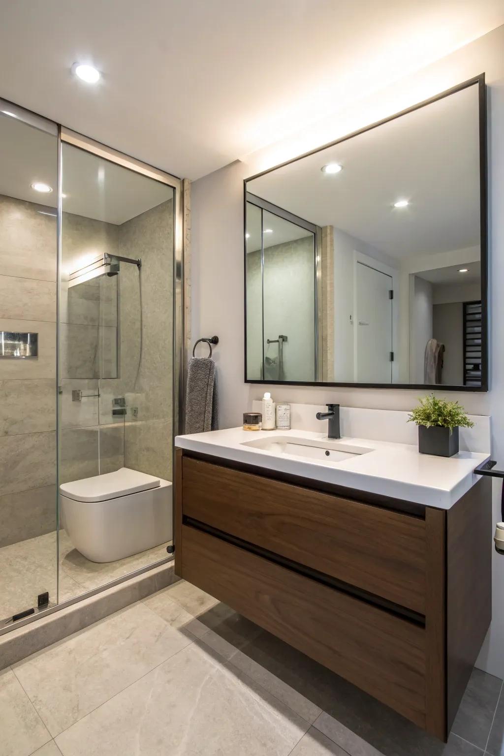 Floating fixtures improve the spaciousness of this powder room.