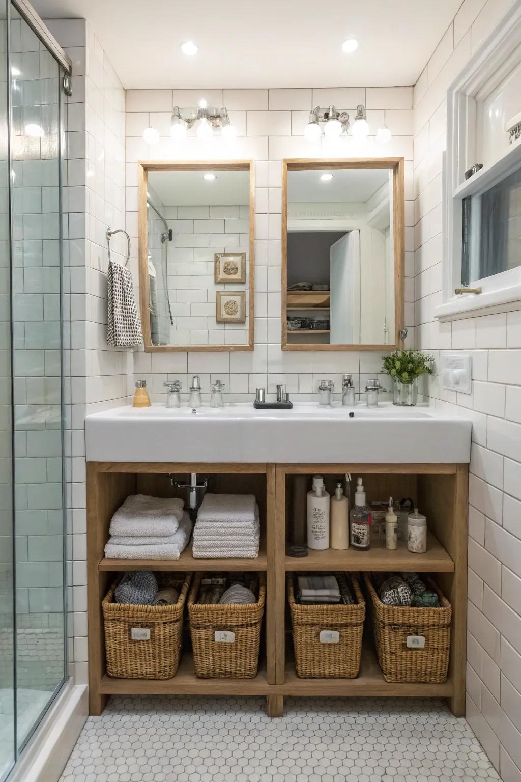 Clever concealed storage corners keeping the bathroom clutter-free.