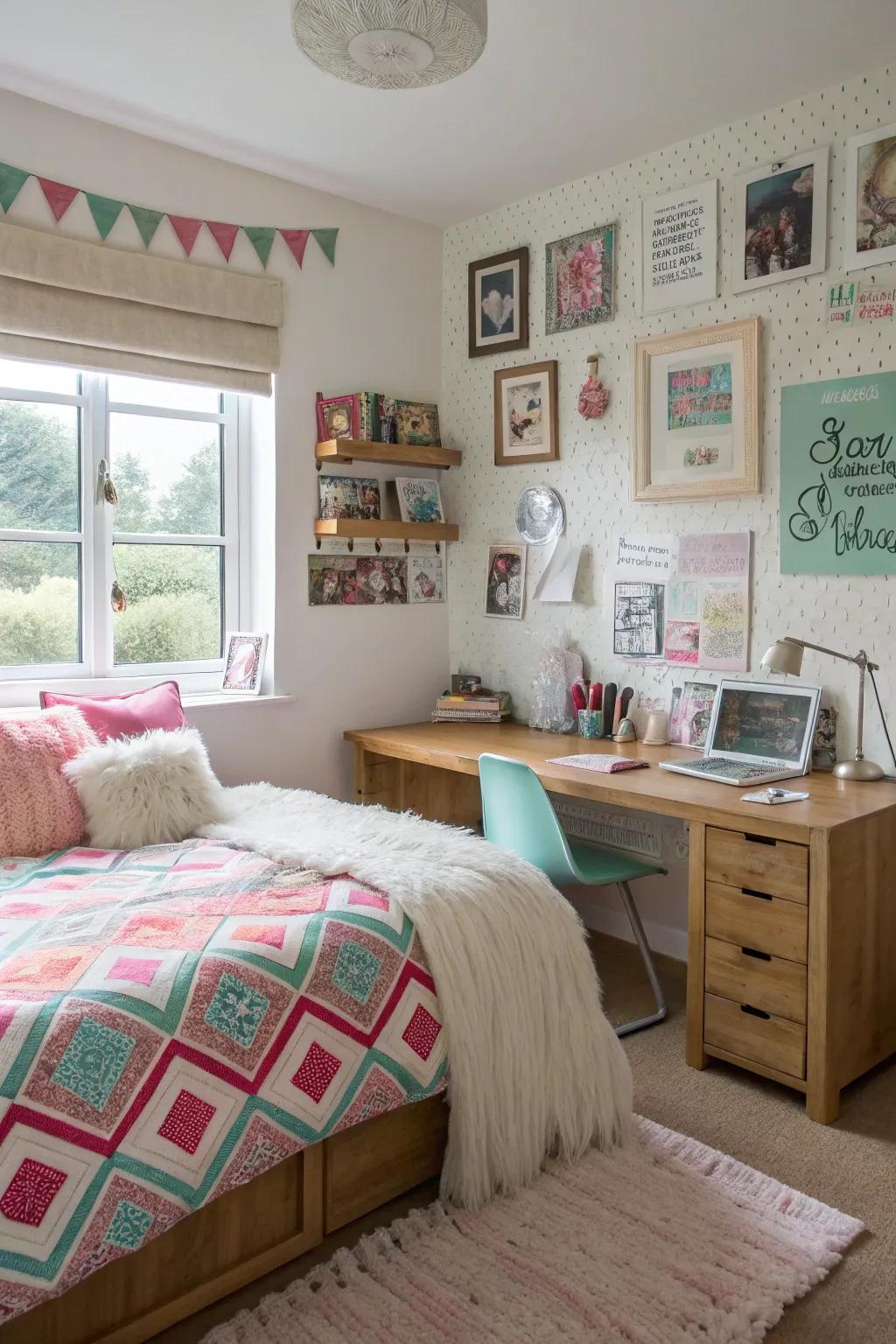 A harmonious blend of fabrics fashions visual fascination and coziness.