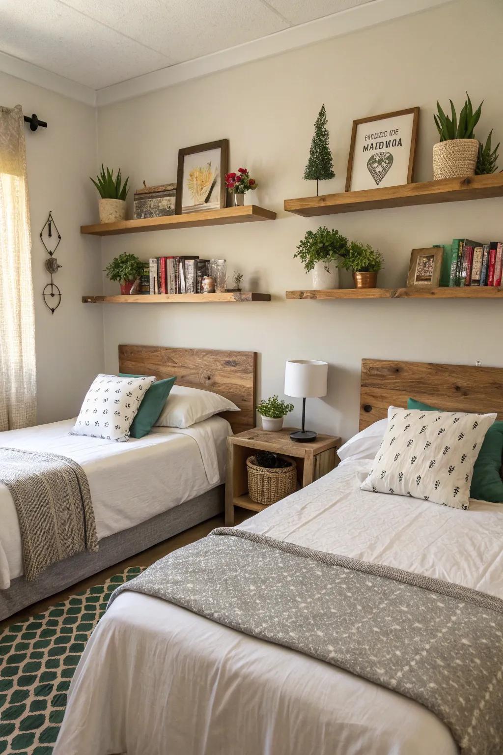 Functional display areas with floating shelves.