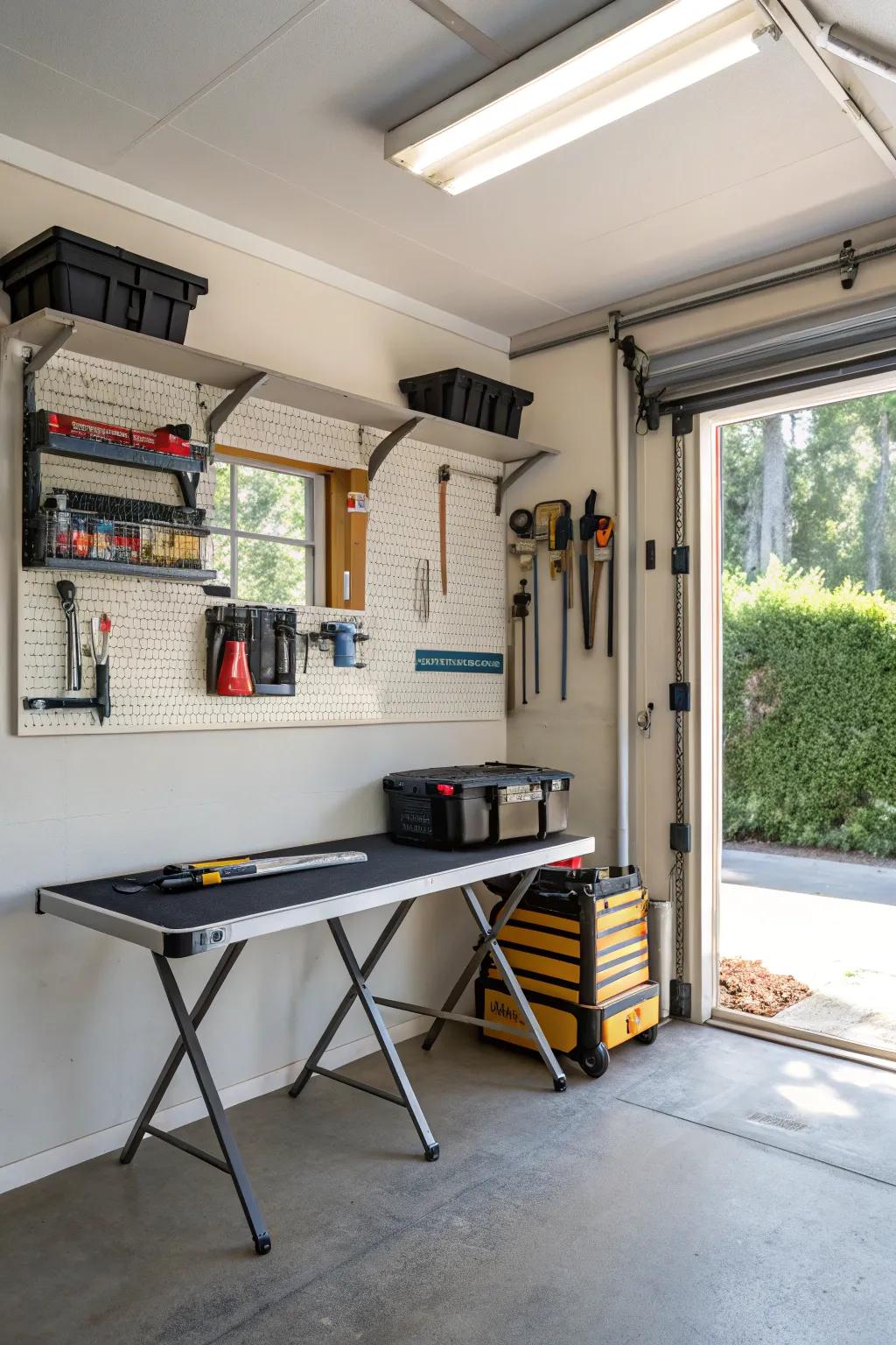 A folding workbench offers versatility and saves space.