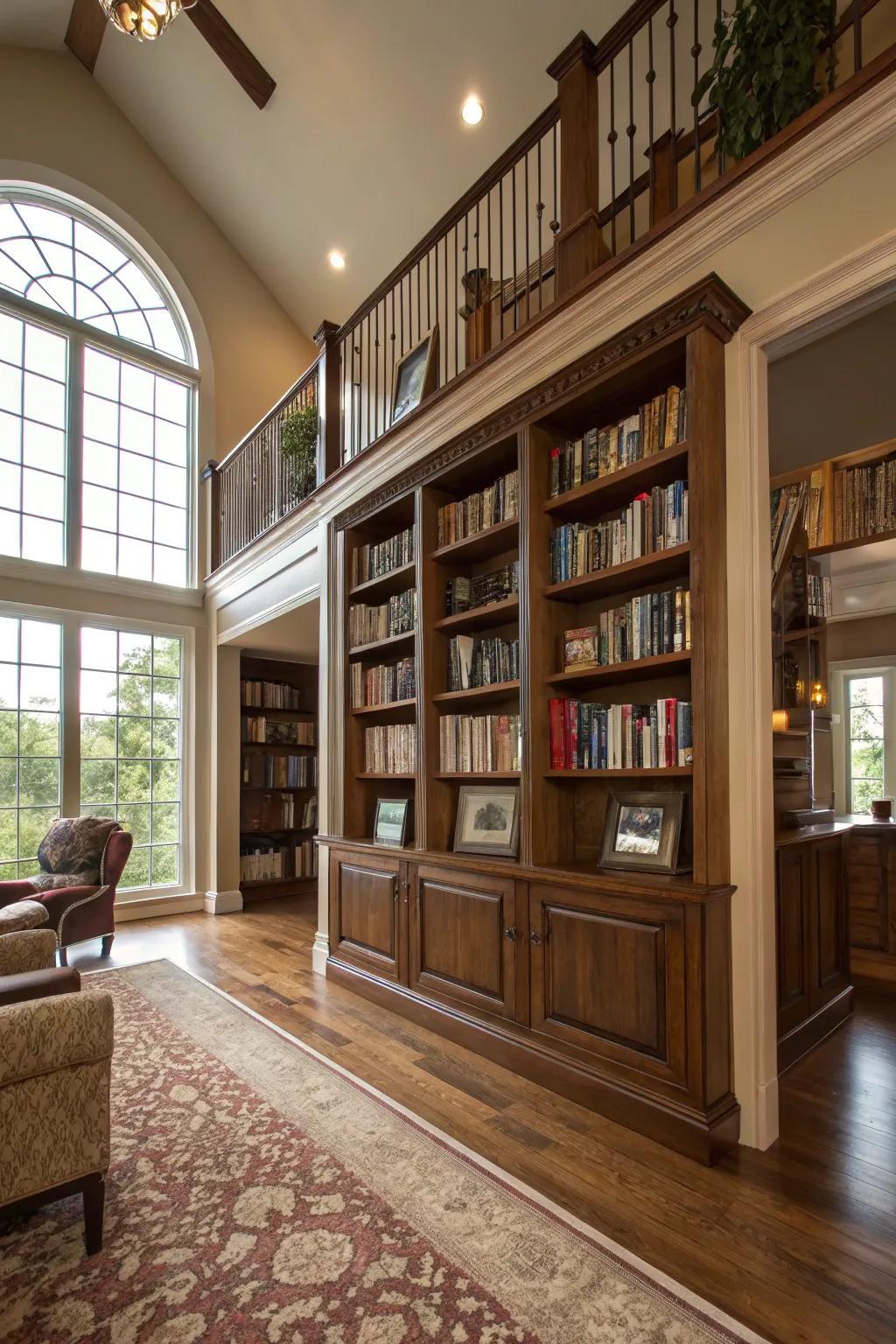 A built-in bookshelf adds function and style to the great room.
