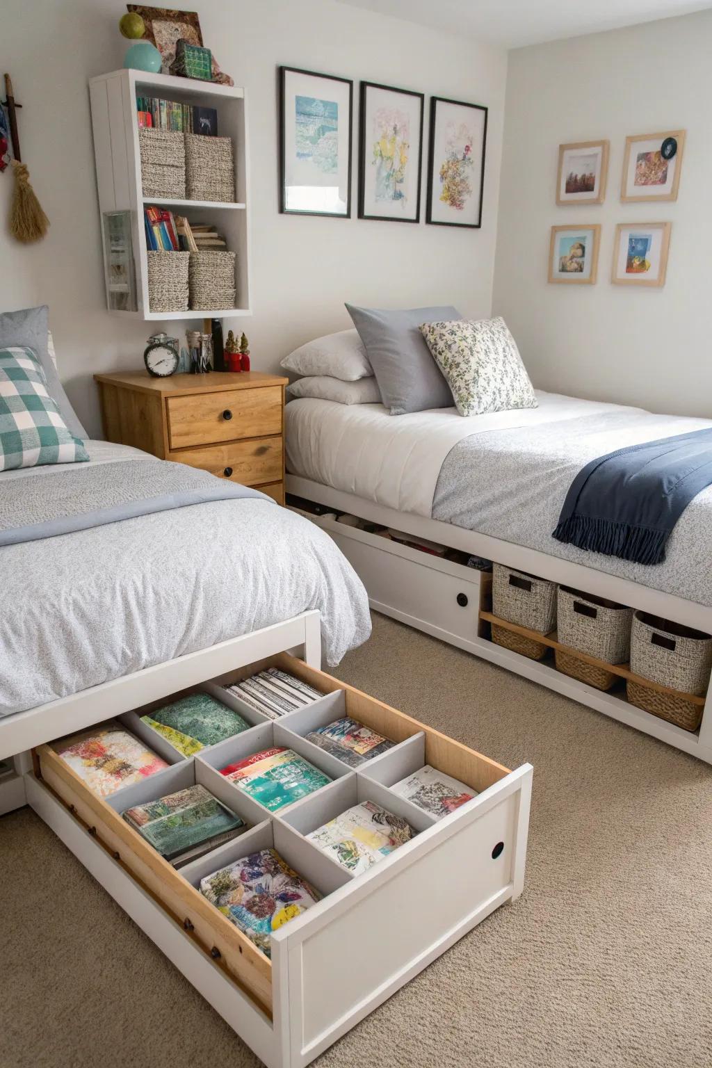 Under-bed storage for efficiency.