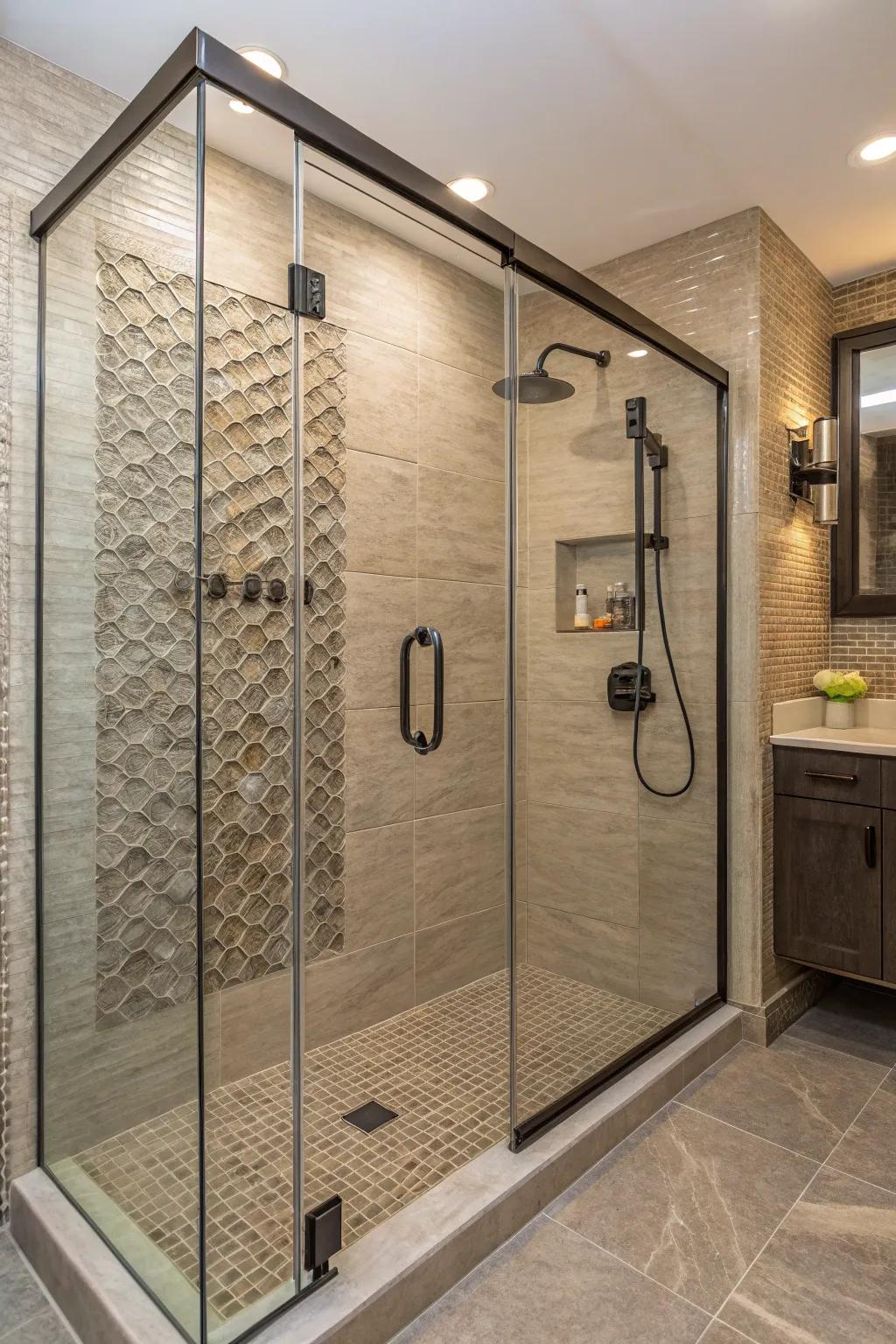 Textured walls add depth and look to a small shower.